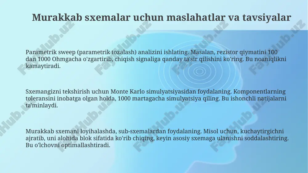 1kω), kondensator (masalan, 10µf) va manba (5v dc) kabi komponentlarni tanlash va joylashtirish kerak. sxemani simulyatsiya qilish va tahlil qilish sxemani simulyatsiya qilish va tahlil qilish, jumladan, o'zgaruvchan tok (ac) tahlilini o'z ichiga oladi, bunda sxemadagi kuchlanish va tokning chastotaga bog'liqligi 1 khz dan 1 mhz gacha o'rganiladi. sxemani simulyatsiya qilish va tahlil qilish komponentlarning parametrlarini o'zgartirish, masalan, rezistor qiymatini 100 ohmdan 1 kω gacha oshirish orqali uning ishlashiga ta'sirini aniqlash imkonini beradi. sxemani simulyatsiya qilish va tahlil qilish tranzistorli sxemalarning ishlashini tekshirish uchun foydali, bunda beta (β) koeffitsienti 50 dan 200 gacha o'zgarishi sxemaga qanday ta'sir qilishini ko'rish mumkin. e'tiboringiz uchun rahmat @taqdimot_robot image1.png