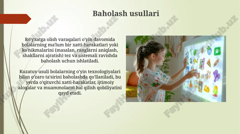 v rivojlanishida muhim, ayniqsa, interaktiv o'yin texnologiyalari orqali qo'llab-quvvatlash 25% gacha natijani yaxshilaydi. ota-onalarning faol ishtiroki, masalan, haftasiga 2-3 marta 15 daqiqa davomida o'yin texnologiyalarini birgalikda o'ynash bolaning ijtimoiy ko'nikmalarini 30% ga oshirishi mumkin. o'qituvchining roli o'qituvchi o'yin texnologiyalarida erta rivojlanishning muhim bosqichlarini kuzatuvchi, har bir bolaning individual ehtiyojlarini aniqlab, ta'lim maqsadlarini belgilaydi. o'qituvchi raqamli o'yinlarni tanlashda ehtiyot bo'lishi kerak, 3-5 yoshli bolalar uchun mos o'yinlarni saralab, ularning didaktik maqsadlarga javob berishini ta'minlaydi. kelajakdagi tendentsiyalar sun’iy intellekt (ai) o'yinlarida moslashuvchanlikni oshirish: 2025-yilga borib ai bolalarning o'quv tezligiga moslashib, har bir bolaga individual ta'lim beradi. kengaytirilgan reallik (ar) va virtual reallik (vr) integratsiyasi: 2030-yilgacha vr va ar o'yinlari real muhit bilan uyg'unlashib, bolalarga immersiv ta'lim berish imkoniyatini yaratadi. o'yin texnologiyalarining kamchiliklari va ularni bartaraf etish yo'llari ekran vaqtining ortiqcha bo'lishi (30-60 daqiqa) ko'rish qobiliyati va uyqu sifatiga salbiy ta'sir qilishi mumkin. ota-onalar vaqtni cheklashi hamda faol harakatlar bilan almashtirishlari zarur. ba'zi …