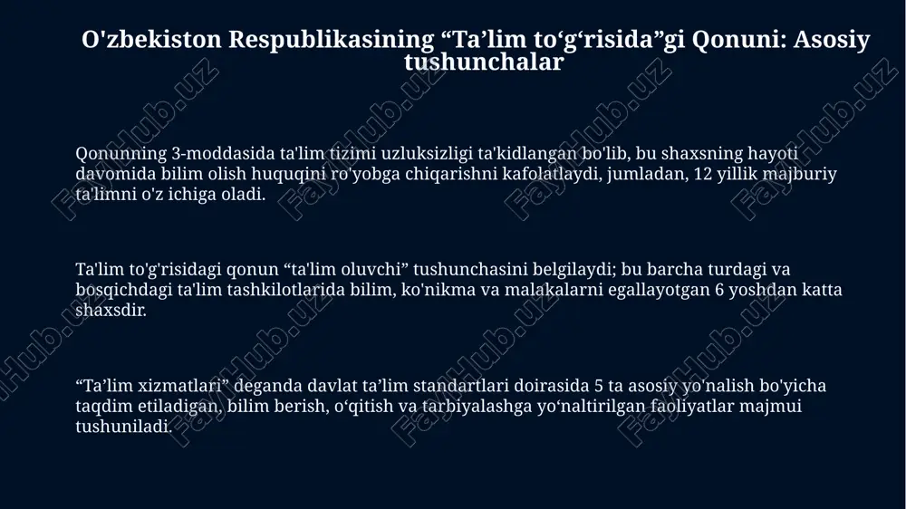 artlari doirasida turli xil ta'lim muassasalarini rivojlantirishdan iboratdir. ta'lim sohasida davlat siyosatining 2-prinsipi – ta'limning uzluksizligi va izchilligi, har bir shaxs uchun sifatli ta'lim olish imkoniyatini yaratish hisoblanadi. ta'lim va tarbiyaning insonparvar, demokratik xarakterga ega ekanligi, ta'lim tizimida milliy va umuminsoniy qadriyatlarning ustuvorligi 1-asosiy prinsipdir. kadrlar tayyorlash tizimini boshqarish va ta'lim sifatini nazorat qilish ta'lim sifatini nazorat qilish o'zbekiston respublikasi vazirlar mahkamasi huzuridagi ta'lim sifatini nazorat qilish davlat inspeksiyasi tomonidan amalga oshiriladi. ta'lim muassasalarining akkreditatsiyasi 5 yilda bir marta o'tkazilib, ularning faoliyat sifati baholanadi hamda akkreditatsiya natijalari e'lon qilinadi. kadrlar tayyorlash tizimini boshqarish davlat ta'lim standartlari (dts) va o'quv rejalari asosida olib boriladi, ularning ijrosi nazorat qilinadi. o'rta maxsus, kasb-hunar ta'limi kasb-hunar kollejlari davlat grantlari va to'lov-kontrakt asosida moliyalashtiriladi, bitiruvchilarga diplom berilib, ular oliy ta'limga imtihonsiz qabul qilinishi mumkin. o'rta maxsus, kasb-hunar ta'limi 9-sinf negizida litsey va kollejlarda 2-3 yil davomida o'qitiladi, o'quvchilarga kamida bitta kasb bo'yicha malaka beradi. litseylar …