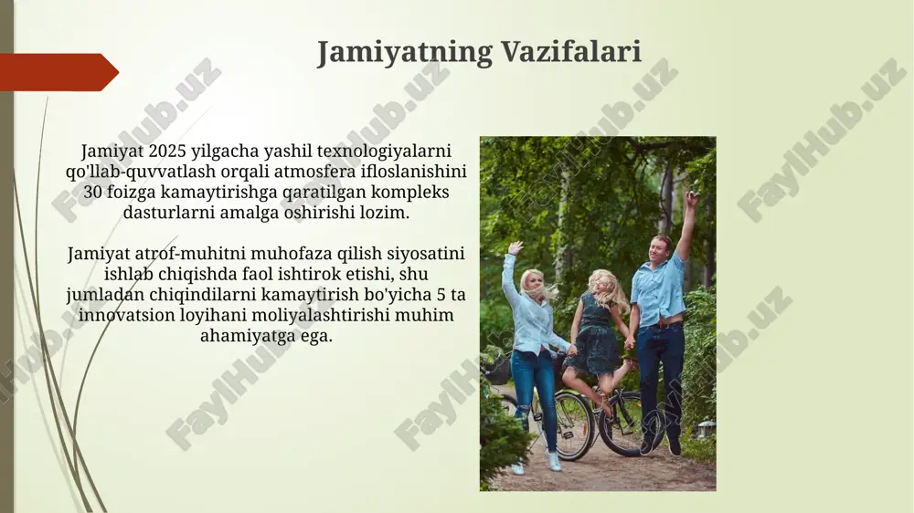 ni muhofaza qilish bo'yicha amaliy ko'nikmalarni rivojlantirish, mas'uliyatni oshirishdan iborat. sog'lom atrof-muhitning ta'rifi o'zbekistonda sog'lom atrof-muhit 2030 yilgacha bo'lgan milliy strategiya doirasida belgilangan maqsadlarga erishish, havo va suv sifatini yaxshilash, chiqindilarni kamaytirish orqali ta'minlanadi. sog'lom atrof-muhit deganda, ekotizimlarning barqarorligi, biologik xilma-xillikning saqlanishi va ifloslanish darajasi minimal bo'lgan, inson salomatligiga xavf solmaydigan muhit tushuniladi. davlat siyosati va qonunchilik 2019-yilda qabul qilingan “maishiy chiqindilar toʻgʻrisida”gi qonun chiqindilarni boshqarish tizimini takomillashtirish, qayta ishlashni ragʻbatlantirish va atrof-muhitga salbiy ta’sirni kamaytirishga qaratilgan. oʻzbekiston respublikasining “atrof-muhitni muhofaza qilish toʻgʻrisida”gi qonuni 1992-yilda qabul qilingan boʻlib, ekologik xavfsizlikni ta’minlashning asosiy qoidalarini belgilaydi. kelajak avlod uchun harakatlar ushbu harakat 17 ta global maqsadlarni amalga oshirishda yoshlarning faol ishtirokini ta'minlashga qaratilgan loyihalarni qo'llab-quvvatlaydi va rag'batlantiradi. "kelajak avlod uchun harakatlar" 2017-yilda tashkil etilgan bo'lib, o'zbekistonda barqaror rivojlanish maqsadlariga erishishga qaratilgan yoshlar tashabbusi hisoblanadi. ekologik muammolar va ularning ta'siri orol dengizining qurishi natijasida 5.5 million gektardan ortiq maydonda tuz va chang bo'ronlari …
