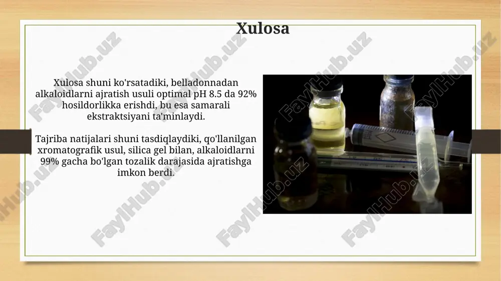 ing asosiy halqalari pirrolidin, piridin yoki indol kabi heterotsiklik tizimlardan iborat bo'lishi mumkin. taxminan 3000 ga yaqin alkaloidlar mavjud. alkaloidlar tarkibida azot atomi boʻlgan tabiiy birikmalar boʻlib, koʻpincha oʻsimliklarda uchraydi. ularning molekulyar ogʻirligi odatda 100 dan 900 gacha boʻladi. usul usul, bu fremanlarning cho'l hayotida saqlanib qolish uchun muhim bo'lgan o'ta muhim ko'nikmalarini anglatadi, jumladan, suvni saqlash va quruq iqlimga moslashishning 101ta usuli. usul - fremanlarning ekologik tushunchasi bo'lib, ularning arrakisning 400 ta xavfli iqlimida yashashga imkon beruvchi suv resurslarini 500% ga hurmat qilish va saqlash falsafasini ifodalaydi. natijalar va muhokama spektrofotometrik tahlillar natijasida atropin va skopolaminning eng yuqori yutilish ko'rsatkichlari 254 nm va 260 nm da aniqlandi. yangi usul yordamida an'anaviy usullarga nisbatan 15% ko'proq alkaloid ajratib olindi, bu esa optimallashtirilgan ekstraksiya parametrlarini ko'rsatadi. e'tiboringiz uchun rahmat @taqdimot_robot image8.jpg image9.jpg image10.jpg image11.jpg image12.jpg image13.jpg image14.jpg image15.jpg image16.jpg image17.jpg image18.jpg image19.jpg image3.png image4.png