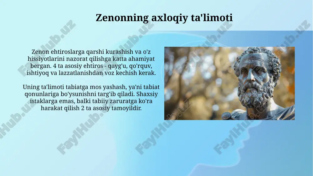 igiga olib keladi, deb ta'kidladi, demak, ob'ekt hech qachon manzilga etib bora olmaydi, bu esa mantiqiy xato hisoblanadi. o'q paradoksi zeno o'qni doimo bir xil hajmga teng bo'lgan o'z joyida turadi deb tasavvur qiladi, shuning uchun harakat qilayotganligiga qaramay u tinch holatda bo'ladi deydi. o'q paradoksi harakatning illyuziyasini ko'rsatadi, bunda zeno o'q harakatlanayotganda ham bir nuqtada tinch turgan holatda bo'lishi mumkinligini aytadi. zenon falsafasiga qarshi tanqidlar zeno paradokslari harakatning illyuziya ekanligini isbotlashga urinadi, ammo tanqidchilar, masalan, aristotel, bu harakatning mavjudligiga empirik dalillar borligini ta'kidlashgan. zeno paradokslari makon va vaqtning uzluksizligi haqidagi taxminga asoslanadi, ammo kvant fizikasi makon va vaqtning ma'lum darajada diskret ekanligini ko'rsatib, tanqidga yo'l ochadi. e'tiboringiz uchun rahmat @taqdimot_robot image3.jpg image4.jpg image5.jpg image6.jpg image7.jpg image8.jpg image9.jpg image10.jpg image11.jpg image12.jpg image13.jpg image14.jpg image1.png