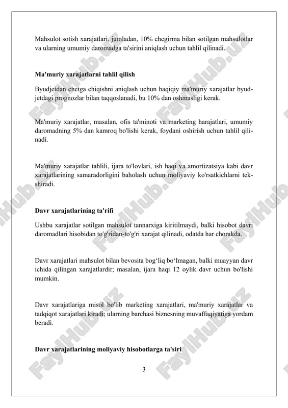 eklama xarajatlari va sotuvchilarning maoshlari kiradi; bu xarajatlar ishlab chiqarish bilan bog'liq emas, 30% foiz darajasida. ushbu xarajatlar, odatda, inventarizatsiya qilinmaydi, balki darhol hisobot davrida foyda va zarar hisobotida xarajat sifatida tan olinadi, 12 oylik muddat ichida. xarajatlarni kamaytirish usullari energiya samaradorligini oshirish ham muhim. led yoritgichlariga o'tish va ishlab chiqarish uskunalari samaradorligini oshirish orqali kommunal to'lovlar 10-15% gacha kamayishi mumkin. ishlab chiqarish jarayonlarini avtomatlashtirish xarajatlarni sezilarli darajada kamaytiradi. 20% gacha ishchi kuchiga bo'lgan xarajatlar kamayishi mumkin, shuningdek, mahsulot sifati oshadi. xarajatlarni kamaytirish uchun, xomashyo narxlarini optimallashtirish kerak. masalan, 15% gacha arzonroq yetkazib beruvchilarni topish yoki ommaviy xaridlar orqali chegirmalarga erishish mumkin. marketing xarajatlarini tahlil qilish brend xabardorligini oshirish uchun qilingan xarajatlar tahlili cpm (1000 ta ko'rish uchun narx) kabi ko'rsatkichlarni o'lchash orqali kampaniya samaradorligini baholashga yordam beradi. segmentatsiya asosida marketing xarajatlarini tahlil qilish mijozlarning turli guruhlari (masalan, yoshi 25-34) uchun qaysi kampaniyalar samarali ekanligini aniqlashga imkon beradi. marketing xarajatlari …