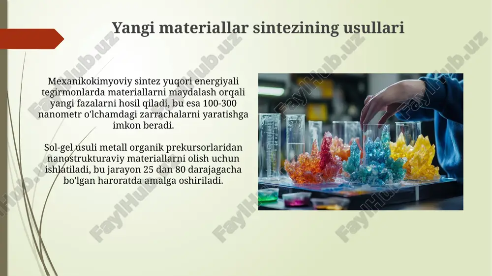 nanometrdan kichik o'lchamdagi xususiyatlarni aniqlab, sirt pürüzlülüğünü baholaydi. energiyani saqlash uchun materiallar faza o'zgartiruvchi materiallar (pcm) issiqlik energiyasini erish yoki qotish jarayonlarida saqlaydi, 5-15°c harorat oralig'ida samarali issiqlik tampon vazifasini bajaradi. superkondensatorlar elektrostatik energiyani metall oksidi elektrodlari va elektrolitlar yordamida saqlaydi, akkumulyatorlarga nisbatan 10-100 barobar tezroq zaryadlanish imkonini beradi. materialshunoslikning kelajak istiqbollari 3d bosma materiallar nanotexnologiyalar bilan birlashtirilib, murakkab tuzilmalarni aniqlik bilan yaratishga imkon beradi, tibbiyotda implantatsiya materiallari 50% ga yaxshilanadi. kelajakda o'z-o'zini tiklaydigan materiallar 2030 yilga borib avtomobilsozlik va aerokosmik sanoatda keng qo'llanilishi, xarajatlarni 15% ga kamaytirishi kutilmoqda. e'tiboringiz uchun rahmat @taqdimot_robot image2.jpg image3.jpg image4.jpg image5.jpg image6.jpg image7.jpg image8.jpg image9.jpg image10.jpg image11.jpg image12.jpg image13.jpg