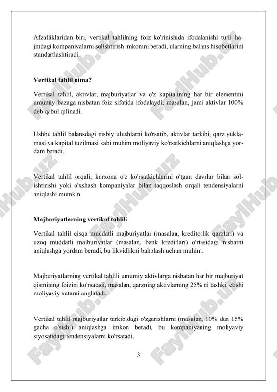 ng har bir moddasini umumiy aktivlar foizi sifatida ifodalaydi, bu solishtirish imkonini beradi. maqsad - moliyaviy tuzilmani aniqlash, aktivlarning qanday taqsimlanganini va majburiyatlarning qanday moliyalashtirilganini 100% ko'rsatish orqali tushunish. trendlarni aniqlash ushbu tahlil aktivlar tarkibidagi o'zgarishlarni aniqlashga yordam beradi. misol uchun, uzoq muddatli aktivlarning umumiy aktivlardagi ulushi 30% dan 40% ga ko'paygan bo'lsa, kompaniya investitsiyalarni oshirganini anglatadi. vertikal tahlil yordamida o'zgarishlar tendensiyasini aniqlashda har bir balans moddasining umumiy aktivlar yoki majburiyatlarga nisbatan foiz ulushi bir necha davr uchun taqqoslanadi. agar 2023 yilda sotilgan tovarlar tannarxi umumiy aktivlarning 65% ini tashkil etgan bo'lsa va 2024 yilda bu ko'rsatkich 70% ga o'sgan bo'lsa, bu tannarxning sezilarli o'sganligini ko'rsatadi. balans vertikal tahlil balansingizning har bir bandini umumiy bazaga nisbatan foiz sifatida ifodalaydi, aktivlar uchun bu ko'pincha jami aktivlar, majburiyatlar va kapital uchun esa jami majburiyatlar va kapital. balansni vertikal tahlil qilish aktivlar tarkibidagi o'zgarishlar, majburiyatlar nisbati va kompaniyaning moliyaviy tuzilishidagi tendentsiyalarni aniqlashga yordam …