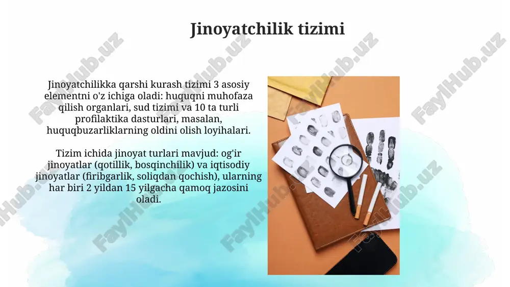 oxta pullarni aniqlash. kriminalistik diagnostika: ta'rifi va roli ushbu metodlar yordamida 7 asosiy diagnostika vazifasi hal qilinadi, xususan jinoyat izlarini aniqlash va ularning paydo bo'lish sharoitlarini qayta tiklash. diagnostika, masalan, 12 turli xususiyatlarni baholash orqali ob'ektning holatini, uning o'zgarish sabablarini, kelajakdagi tendensiyalarini prognoz qilishga imkon beradi. kriminalistik identifikatsiya: mohiyati va ahamiyati identifikatsiyaning ahamiyati jinoyat sodir etgan shaxs yoki ashyoni aniqlashda katta rol o'ynaydi, bu esa 7 asosiy identifikatsiya belgilari orqali amalga oshiriladi. kriminalistik identifikatsiya sud jarayonlarida muhim dalil sifatida xizmat qiladi, sababi 3 asosiy identifikatsiya bosqichi orqali jinoyatning ochilishiga sezilarli hissa qo'shadi. identifikatsiya bosqichlari taqqoslash bosqichi, solishtirilayotgan ob'ektlarning o'xshash va farqli jihatlarini 100% aniqlashni talab etadi, bu esa xulosa chiqarish uchun asos bo'ladi. baholash bosqichi, aniqlangan moslik va nomuvofiqliklar asosida ob'ektning identifikatsiyasi haqida 95% ishonch bilan yakuniy xulosani shakllantirishdan iboratdir. e'tiboringiz uchun rahmat @taqdimot_robot image3.jpg image4.jpg image5.jpg image6.jpg image7.jpg image8.jpg image9.jpg image10.jpg image11.jpg image12.jpg image13.jpg image14.jpg image1.png