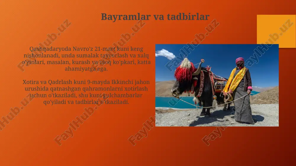 ipak yoʻli chorrahasida joylashganligi sababli, 7-12-asrlarda arab istilosi va islom madaniyatining ta'siri sezilarli bo'lgan. me'morchilik va tarixiy obidalar o'rta asrlarga oid hisorak suv ombori, 132 km² maydonga ega bo'lib, mintaqaning irrigatsiya tizimida muhim rol o'ynagan va o'z davrining injenerlik mo'jizasi hisoblangan. qashqadaryoning me'moriy yodgorliklari orasida miloddan avvalgi iv asrga oid xo'jaqurg'on tepaligi muhim ahamiyatga ega, u yerda kushon davriga oid noyob artefaktlar topilgan. urf-odatlar va marosimlar qashqadaryoda “kelajak beshigi” marosimi o‘tkaziladi, unda yangi tug‘ilgan chaqaloqni 40 kunlik bo‘lganda maxsus bezatilgan beshikka joylashtirilib, unga baxt tilanadi. “chodir hayit” qashqadaryoda keng nishonlanadi, unda odamlar 7-10 kun davomida chodirlar qurib, o‘zaro mehmondo‘stlik ko‘rsatadilar va an’anaviy taomlar bilan mehmon qiladilar. qashqadaryo madaniyatiga kirish qashqadaryo gilamlari o'zining 7 xil rangdagi tabiiy bo'yoqlari va 30 dan ortiq geometrik naqshlari bilan ajralib turadi, har bir naqshning o'z ma'nosi bor. qashqadaryoning an'anaviy kulolchilik san'ati asrlar davomida shakllanib, o'ziga xos uslub va 20 dan ortiq xil mahsulotlarni yaratishda namoyon …