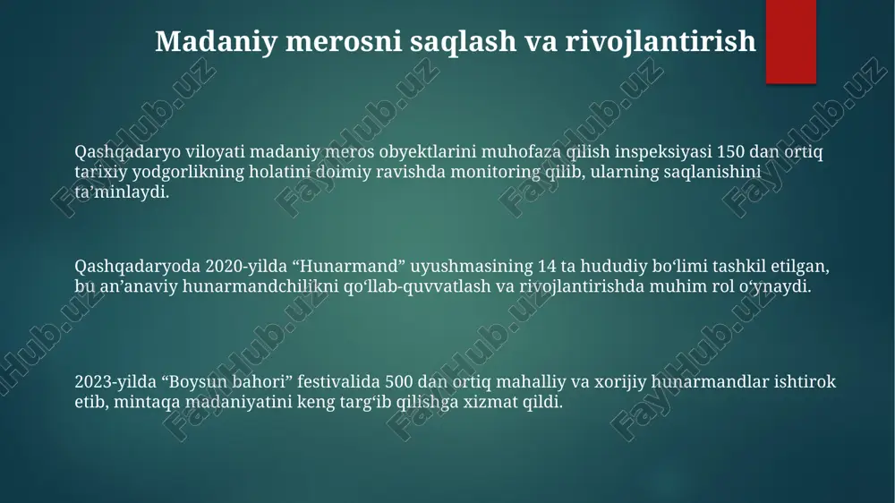avrga tegishli bo'lib, kushon imperiyasi davridagi buddizmning muhim markazi bo'lgan. qashqadaryoning me'moriy merosida x asrda qurilgan, noyob g'isht terish uslubiga ega bo'lgan qusam ibn abbos maqbarasi alohida o'rin tutadi. qashqadaryo adabiyoti va folklori xx asrda yaratilgan 'ravshan' dostonining qashqadaryo versiyasi mahalliy urf-odatlarni 1500 misradan ortiq she'riy satrlarda aks ettirganligi bilan ajralib turadi. qashqadaryo folklorida 'boyko' kabi 70 dan ortiq laparlar mavjud bo'lib, ularning har biri ma'lum marosim yoki bayram bilan bog'liq bo'lgan o'ziga xos kuylarga ega. qashqadaryo dostonchilik maktabi 'alpomish'ning o'ziga xos 10 dan ortiq variantlarini yaratgan, ularda voqealar rivoji va qahramonlar xarakteri farqlanadi. qashqadaryo oshxonasi: taomlar va an'analar "qurutob" qashqadaryo oshxonasining asosiy taomlaridan biri bo'lib, qurut (quritilgan tvorog) va issiq yog'da tayyorlanadi, non bilan birga tortiladi. qashqadaryoda "bichak" ko'p iste'mol qilinadi, ular turli xil nachinkalar, masalan, go'sht yoki kartoshka bilan tayyorlanadi, odatda 5-6 dona bir porsiyada beriladi. qashqadaryoda "tandir go'shti" mashhur, uni tandirda 2-3 soat davomida pishirib, mayda to'g'ralgan …