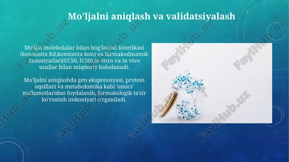 larga erishish uchun dorivor kimyogarlar molekulalarning tuzilishini, xususiyatlarini va faolligini o'rganib, 3d modellar yordamida ta'sir mexanizmlarini aniqlaydilar. dori vositalarini loyihalash strategiyalari dori vositalarini loyihalash strategiyalari molekulyar docking yordamida maqsadli oqsil bilan bog'lanish affinligini hisoblash orqali potensial nomzodlarni aniqlashni o'z ichiga oladi. kimyoviy modifikatsiya mavjud dorilarning tuzilishini optimallashtirishni anglatadi. bu samaradorlikni oshirish, toksiklikni kamaytirish va farmakokinetik xususiyatlarni yaxshilashni maqsad qiladi. klinik sinovlar va dori vositalarini ro'yxatdan o'tkazish 3-bosqich klinik sinovlarida yuzlab yoki minglab bemorlar ishtirok etadi, bu esa dori vositasining keng ko'lamli samaradorligi va nojo'ya ta'sirlarini aniqlash imkonini beradi. dori vositalarini ro'yxatdan o'tkazishda farmatsevtika kompaniyasi dori samaradorligi va xavfsizligini tasdiqlovchi ma'lumotlarni taqdim etadi, fda kabi agentliklar tomonidan tekshiriladi. e'tiboringiz uchun rahmat @taqdimot_robot image2.png image5.jpg image6.jpg image7.jpg image8.jpg image9.jpg image10.jpg image11.jpg image12.jpg image13.jpg image14.jpg image15.jpg image16.jpg