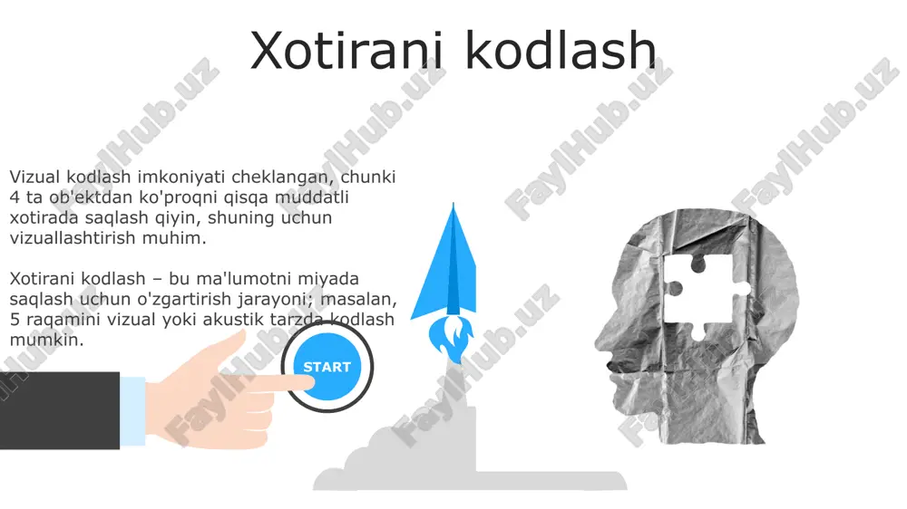 deklarativ xotira faktlarni (semantik) va voqealarni (epizodik) saqlaydi. procedurali xotira koʻnikmalarni (masalan, velosipedda uchish) avtomatik tarzda, ongli eslashsiz saqlaydi; bu kognitiv yukni kamaytirib, 100 dan ortiq harakat ketma-ketligini amalga oshiradi. qaror qabul qilish kognitiv buzilishlar, jumladan tasdiqlash buzilishi, qaror qabul qilishda xatoliklarga olib kelishi mumkin, natijada 65% hollarda noto'g'ri ma'lumotlarni tanlash va noto'g'ri xulosalarga olib keladi. heuristika, masalan, 80/20 qoidasi (pareto printsipi), qaror qabul qilishni tezlashtiradi, lekin 15% hollarda noto'g'ri baholashga olib kelishi mumkin, ayniqsa murakkab vaziyatlarda. xotira buzilishlari alzheimer kasalligi kabi neyrodegenerativ kasalliklar xotira buzilishlarining asosiy sabablaridan biri bo'lib, asta-sekin xotira yo'qolishiga olib keladi, 65 yoshdan oshganlarda ko'p kuzatiladi. konfabulatsiya - bu xotira buzilishi bo'lib, unda bemor o'z xotiralari bo'shliqlarini to'ldirish uchun yolg'on xotiralar yaratadi, bu holat 5-10% hollarda uchraydi. kognitiv buzilishlar 2-tipi, ijroiya funksiyalarni zaiflashtiradi, natijada rejalashtirish, muammolarni hal qilish va moslashuvchanlik qobiliyatlari 30% gacha kamayishi mumkin. 3-tipdagi kognitiv buzilishlar, til qobiliyatlariga ta'sir etib, so'z boyligini qisqartiradi va …