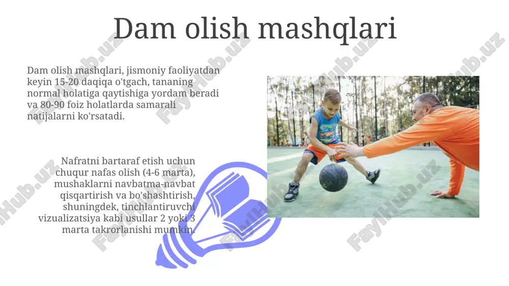 tadan 90-110 martagacha oshirib, qon oqimini mushaklarga ko'paytiradi, bu esa keyingi yuklamaga tayyorlaydi. "isinish mashqlari" tarkibiga 5-10 daqiqalik yengil aerobika (masalan, yugurish yoki sakrash) va dinamik cho'zilishlar kiradi, bu harakatlarni kengroq amplituda bajarishga imkon beradi. muvofiqlashtirishni rivojlantirish 01 02 fazoviy ongni rivojlantirish, masalan, 8 shaklda yugurish yoki raqs harakatlarini o'rganish, tanani boshqarish va 3d muhitda harakatlanish qobiliyatini oshiradi. sales 1st qtr 2nd qtr 100 0 sales 1st qtr 2nd qtr 100 0 chidamlilikni rivojlantirish interval mashqlari, misol uchun, 8 takrorlash 400 metr tez yugurish bilan, 60 soniya dam olish chidamlilikni sezilarli darajada oshiradi. chidamlilikni rivojlantirish uchun davriy mashqlar ideal, masalan, 30 daqiqa yugurish yoki 45 daqiqa suzish yurak-qon tomir tizimini mustahkamlaydi. darsning maqsad va vazifalari vazifalar uchta asosiy yo'nalishda bo'lishi mumkin: ta'limiy (30%), tarbiyaviy (40%) va sog'lomlashtiruvchi (30%), har birining o'ziga xos maqsadlari bor. darsning maqsadlari 60-80% o'quvchilarning jismoniy tayyorgarlik darajasini oshirishga, 20% esa harakat ko'nikmalarini rivojlantirishga qaratilishi kerak. o'yinlar …