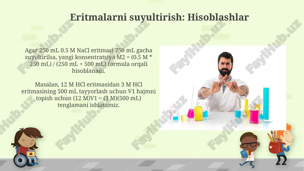 igi harorat oshishi bilan ortadi, chunki bu jarayon endotermik (δh > 0) bo'lishi mumkin. mass ulushi: ta'rif va hisoblashlar mass ulushini hisoblash uchun formula: (moddaning massasi / eritmaning massasi) * 100%. misol uchun, 20 g tuzni 180 g suvda eritib, mass ulushi 10% bo'ladi. mass ulushi eritmadagi moddaning massasini eritma massasiga nisbati sifatida aniqlanadi. odatda foizlarda (% massa) ifodalanadi, masalan, 10% nacl eritmasi. konsentratsiya: ta'rif va ifodalash usullari konsentratsiya – bu eritmadagi erigan modda miqdorini ifodalaydi; uni molyar konsentratsiya (mol/l), massaviy ulush (%) yoki ppm (millionda qismlar) kabi usullarda ifodalash mumkin. molyar konsentratsiya erigan moddaning mollari sonini eritma hajmiga (litrda) nisbati orqali aniqlanadi, masalan, 2 mol naoh 1 litr suvda 2m (2 molyar) eritma hosil qiladi. e'tiboringiz uchun rahmat @taqdimot_robot image7.jpg image8.jpg image9.jpg image10.jpg image11.jpg image12.jpg image13.jpg image14.jpg image15.jpg image16.jpg image17.jpg image18.jpg image5.png