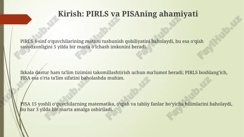g'liqlikni kuchaytirishga qaratilgan. pirls va pisa natijalari ta'lim siyosatiga, ayniqsa, o'quv dasturlarini takomillashtirishga turtki beradi, 15 yoshli o'quvchilarning savodxonlik darajasini oshirish maqsadida. e'tiboringiz uchun rahmat @taqdimot_robot