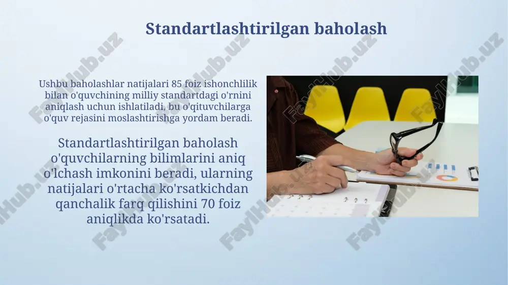 yurtlariga kirish imkoniyatini belgilaydi. imtihonlar asosan 3 ta majburiy fan (ona tili, matematika, o‘zbekiston tarixi) va 2 ta ixtisoslik fanidan iborat test savollari orqali abituriyentlarning bilimini baholashga qaratilgan. dastur samaradorligini baholash baholashda roi (investitsiya daromadi) kabi metrikalarni qo'llash, dastur xarajatlariga nisbatan qancha qiymat yaratganini aniqlashga yordam beradi. so'rovlar va fokus-guruhlar orqali dastur 80% ishtirokchilarining tajribasini aniqlash kabi sifatli ma'lumotlar, yaxshilash yo'llarini ko'rsatadi. norma-asoslangan baholash nima? norma-asoslangan testlar o'quv dasturining samaradorligini baholashda foydali, chunki test natijalari boshqa maktablardagi o'rtacha ko'rsatkichlar bilan taqqoslanishi mumkin. norma-asoslangan baholash talabalarning faoliyatini boshqa talabalarning guruhiga nisbatan qiyoslaydi, ularning 50 foizi o'rtacha ko'rsatkichga ega deb hisoblanadi. talabalar o'sishini kuzatish standartlashtirilgan test natijalari yordamida o'qituvchilar talabalarning o'rtacha ko'rsatkichdan (50-percentile) yuqori yoki past natija qayd etganini aniqlashlari mumkin. normaga asoslangan testlar yordamida olingan ballar (masalan, stanine ballari) individual o'quvchining boshqa sinfdoshlari orasidagi o'rnini aniq baholashga imkon beradi. resurslarni taqsimlash maktablar hududlar bo'yicha o'rtacha ko'rsatkichlardan past natijalarga ega hududlarga, malakali …