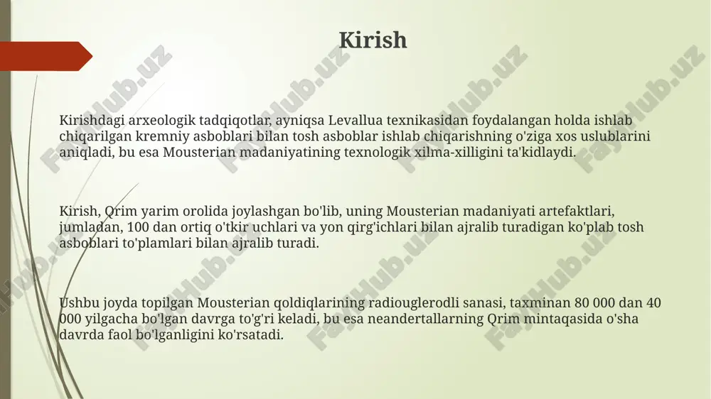 'chmanchi oilaviy guruhlar ustunlik qilgan, resurslar kamligi va ko'chish zarurati tufayli guruhlar soni cheklangan edi. mousterian saytlarida dafn marosimlari topilgan, bu marosimlar ularning ma'naviy hayoti va qabila ichidagi ijtimoiy aloqalar mustahkamligini ko'rsatadi. arxeologik topilmalar shuni ko'rsatadiki, mousterian jamoalarida keksa avlod vakillari katta hurmatga ega bo'lgan, bu esa ularning bilim va tajribasi guruhning omon qolishi uchun muhim ahamiyatga ega bo'lgan. ov qilish strategiyalari movsteryenliklar ov qilishda quruqlik relyefidan unumli foydalanishgan, oʻljalarni jarliklarga haydash yoki tor joylarda pistirmaga tushirish kabi taktikalar qoʻllanilganligi aniqlangan. movsteryenliklar yirik oʻljalarni, masalan, mammutlar va yovvoyi otlarni, yaqin masofadan nayza bilan urish usulidan foydalanishgan, bu esa jamoaviy ovga tayanilganligini koʻrsatadi. arxeologik dalillar movsteryenliklar turli joylarda turli xil ov strategiyalarini qoʻllaganligini koʻrsatadi, bu ularning moslashuvchan va resurslardan unumli foydalanganligini anglatadi. asbobsozlik texnikasi asbobsozlik texnikasida o'ziga xos xususiyat shundaki, asboblar, odatda, kichik o'lchamli bo'lib, ularni qo'lda ushlab turish qulay edi, ularning uzunligi 5-7 sm atrofida bo'lgan. asbobsozlik texnikasida levallua texnikasi …