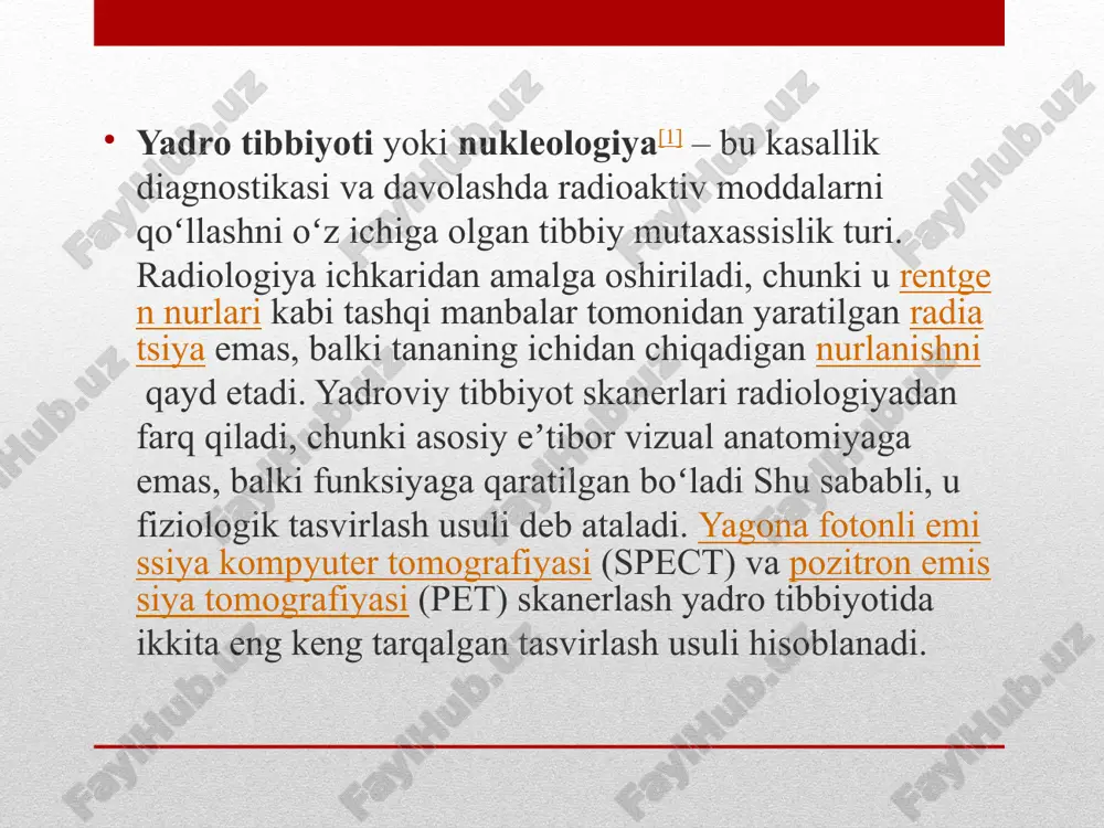 ulatoriya muolajalari sifatida amalga oshirilishi mumkin, chunki davolanishning nojoʻya taʼsiri kam va keng jamoatchilikka radiatsiya taʼsiri xavfsiz chegarada saqlanishi mumkin. yadro tibbiyoti protsedurasidan oʻtayotgan bemor radiatsiya dozasini oʻziga qabul qiladi. hozirgi xalqaro koʻrsatmalarga koʻra, har qanday nurlanish dozasi qanchalik kichik boʻlsa ham, xavf tugʻdiradi deyiladi. bu rentgen tekshiruvi xavfiga oʻxshaydi, bundan tashqari, doza rentgen apparati kabi tashqi manbadan emas, balki ichkaridan yuboriladi va dozalash miqdori odatda rentgen nurlarinikidan sezilarli darajada yuqori boʻladi. yadro tibbiyoti tadqiqotidan olingan nurlanish dozasi sivert birliklari bilan effektiv doza sifatida ifodalanadi (odatda millizievert, msv). tekshiruv natijasida olingan samarali dozaga mega bekkerellarda (mbq) yuborilgan radioaktivlik miqdori, ishlatiladigan radiofarmatsevtikaning fizik xususiyatlari, uning organizmda tarqalishi va uning tanadan tozalanish tezligi taʼsir qiladi. effektiv dozalar glomerulyar filtratsiya tezligini 3 mbq xrom −51 edta oʻlchovi uchun 6 msv (0,006 msv) dan 80 mbq talliy −201 miokardni tasvirlash protsedurasi uchun 11,2 msv (11 200 msv) gacha boʻlishi mumkin. 600 mbq texnetiy-99m mdp …
