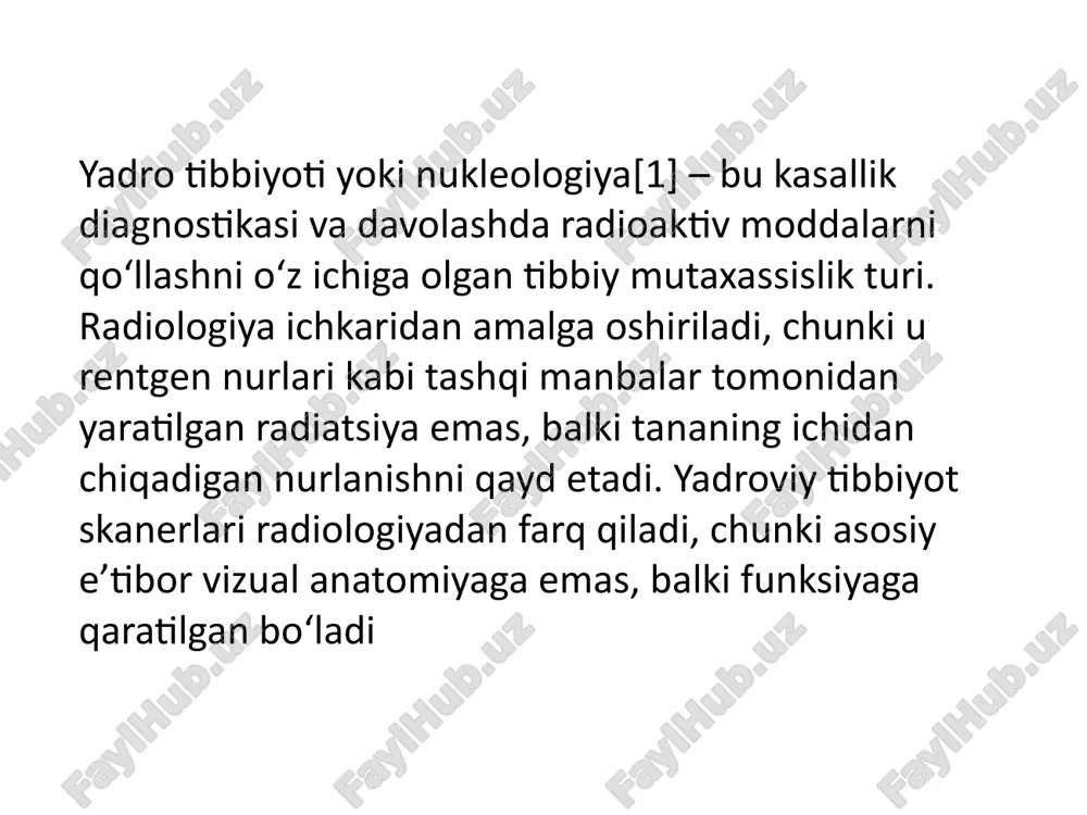 dagi rijmda texnetsiy-99 (saraton, yurak-qon tomir kasalliklari, bosh miya, buyrak, jigar va boshqa kasalliklar tashxisida qo‘llaniladigan radiofarmpreparat) yordamida yiliga 2000 tagacha tashxis tadqiqotlari va samariy-153 oksabifor dori vositasini qo‘llagan holda 300 tagacha suyak metastazasining radioterapiyasi o‘tkaziladi. samariy-153 preparati qon tomirlari ichiga yuboriladi, dori suyak to‘qimasida va asosan saraton metaztazalarida to‘planadi. preparatning bir dozasi 6 oy mobaynida og‘riqsizlantiradi va saraton o‘smalarini remissiyada (saraton rivojlanishini to‘xtadi) ushlab turadi va kunlik qabul qilinadigan kuchli og‘riqni qoldiruvchi dori vositalarini, misol uchun – morfiy, o‘rnini bosadi. agar bugungi kunda mamlakatdagi ikkita tibbiyot markazida yadro tibbiyoti usullarini qo‘llagan holda tashxis va terapiya qilish mumkin bo‘lsa, ideal holatda, har bir viloyatning aholisi innovatsion usuldan foydalanish imkoniga ega bo‘lishi kerak. bu masala bo‘yicha o‘zbekistonda aesni qurish bo‘yicha qaror qabul qilingandan so‘ng haqiqiy o‘zgarishlarga bo‘lgan qadamlar kuzatilmoqda. zero, mamlakatda aesni qurish nafaqat yadro texnologiyalarini, jumladan, yadroviy tibbiyot rivojlanishiga ham turtki bo‘ladi. yadro kimyosi— moddaning yadroviy xossalarini fizik kimyo bilan …