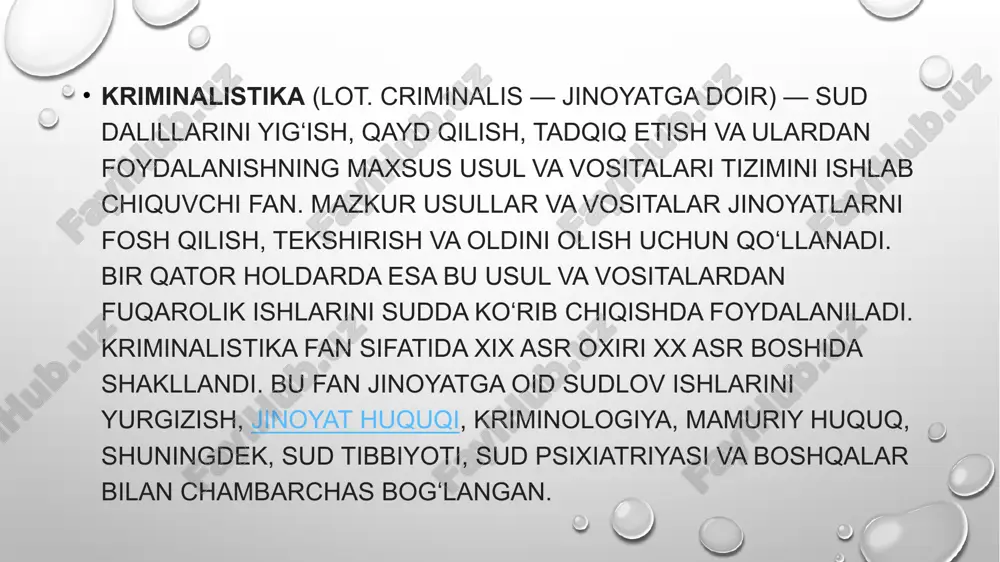 miy tadqiqot laboratoriyasida oʻtkazilib kelindi. keyinchalik adliya vazirligi huzuridagi ilmiy tadqiqot laboratoriyasi negizida sud ekspertiza ilmiy tadqiqot instituti, soʻngra shu vazirlik huzurida davlat ekspertiza markazi tashkil etildi. mazkur markaz respublikada kriminalistika fanini rivojlantirish, yetuk milliy yurist xodimlarni yetishtirish ishiga katta hissa qoʻshgan akademik xadicha sulaymonova nomi bilan ataladi. mustaqillik yillarida oʻzbekistonda kriminalistika ni rivojlantirish, kriminalistika ekspertizasini oʻtkazish ishini eng zavonaviy texnika vositalari bilan taʼminlash tadbirlari koʻrildi. kriminalistika fan sifatida oʻzbekiston milliy universiteti, tdyu, oʻzbekiston respublikasi ichki ishlar vazirligi akademiyasi va boshqa oʻquv yurtlarida oʻqitiladi. sud tergovi jarayonida, turli moddiy izlarni, ashyoviy dalillarni tekshirishda kriminalistika ekspertizasi muhim rol oʻynaydi. u sud ekspertizasining turlaridan biri boʻlib, kriminalistika maʼlumotlariga asoslanadi. bunda jinoiy va fuqaroviy ishlarga oid ashyoviy dalillar va boshqa materiallar ekspertlar tomonidan tekshiriladi. bu ish odam, hayvon, transport vositalari, turli asboblar, qurol-yarogʻ va hokazoning izlari, tasviriga yoki butun varsani ayrim boʻlaklariga qarab identifikatsiyalash (aniqlash, qiyoslash) maqsadida amalga oshiriladi. . kriminalistika texnikasi qidiruv …