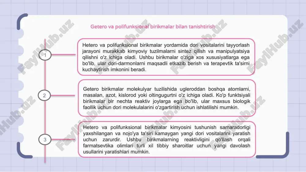 ratishda muhim ahamiyatga ega. getero va polifunksional birikmalardan dori vositalarini sintez qilishda qoʻllaniladigan asosiy usullardan biri kimyoviy reaksiyalarni manipulyatsiya qilishdir. reaktsiya sharoitlarini diqqat bilan nazorat qilish orqali tadqiqotchilar yangi dori molekulalarini yaratish uchun ushbu birikmalarning tuzilishini o'zgartirishi mumkin. dori sintezidagi yana bir yondashuv xromatografiya va spektroskopiya kabi ilg'or usullardan foydalanishni o'z ichiga oladi. ushbu usullar yakuniy dori mahsulotining yuqori sifati va samaradorligini ta'minlash uchun birikmalarni tahlil qilish va tozalashga yordam beradi. dori konstruktsiyasida getero va polifunksional birikmalarning asosiy xususiyatlari hetero va polifunksional birikmalarga asoslangan dori vositalarini tayyorlash maqsadli terapevtik ta'sirlarni yaratish uchun turli funktsional guruhlarga ega molekulalardan foydalanishni o'z ichiga oladi. ushbu birikmalar farmakologik faollikni oshirish uchun bir nechta bog'lanish joylarini taklif qilish orqali dori dizaynida hal qiluvchi rol o'ynaydi. dori-darmonlarni loyihalashda hetero va polifunksional birikmalarning asosiy xususiyatlari ularning bir vaqtning o'zida turli xil biologik maqsadlar bilan o'zaro ta'sir qilish qobiliyatini o'z ichiga oladi, bu esa davolashning yanada keng qamrovli …