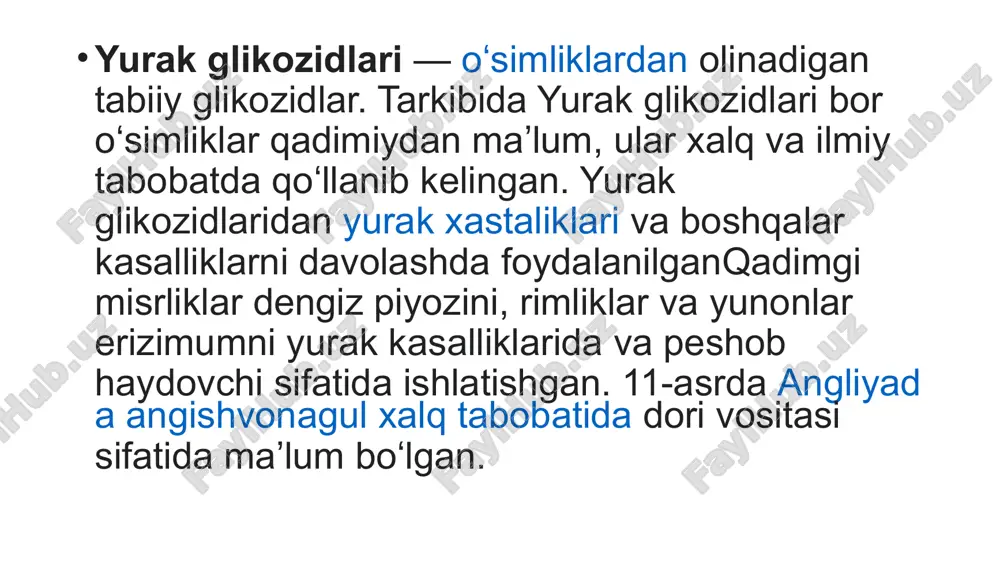 oki siz haddan tashqari dozani oshirib yuborsangiz, mahalliy favqulodda vaziyat raqamiga (masalan, 911) qo'ng'iroq qiling yoki mahalliy zaharlanish markaziga to'g'ridan-to'g'ri milliy bepul poison help ishonch telefoniga (1-800-222-1222) qo'ng'iroq qilib murojaat qiling. qo'shma shtatlarda. yurak glikozidi - bu yurak, oshqozon, ichak va asab tizimiga ta'sir ko'rsatadigan kimyoviy moddadir. bu turli xil yurak dorilarining faol tarkibiy qismidir. ko'p miqdorda qabul qilinsa, u zaharli bo'lishi mumkin. e’tiboringiz uchun rahmat!