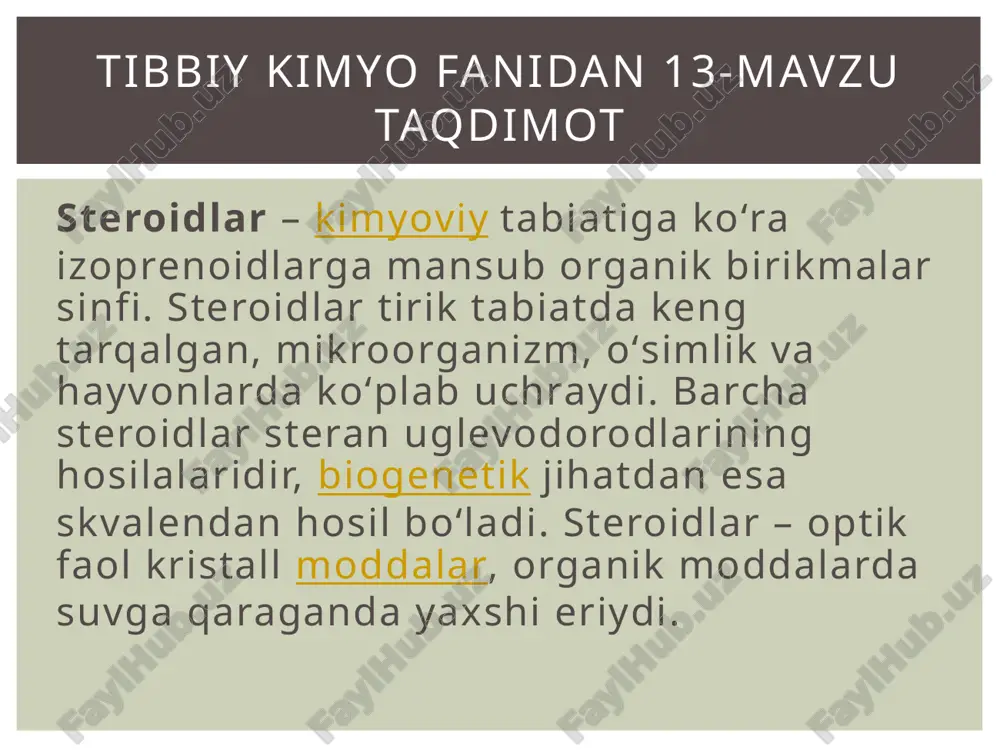 a uni qo‘llab ko‘rganlar kamdan-kam gapiradi. chunki o‘zlari yo‘l qo‘ygan xatoni tan olishni xohlashmaydi. steroidlar foydali va organizm uchun kerak. ayniqsa gormonal tizim endi shakllanayotgan o‘smirlar uchun. steroidlar vitaminlar kabu narsa, ularning ziyoni yo‘q deb jar solish mumkin. lekin androgenlar va anaboliklarning o‘limga olib kelishi haqida gapirishning hojati yo‘q. zarari bor, lekin o‘limga olib kelmaydi. tibbiy kimyo fanidan 13-mavzu taqdimot gipotalamus–gipofiz–moyaklar o‘rtasida bog‘langan tizim mavjud. barcha gormonlar sintezi qaytar mexanizm asosida boshqarilib turadi. gipatalamusdan gonodotropin relizing gormonlari (gnrg) orqali gipofizning oldingi bo‘lagida lyuteinlovchi gormon (lg) va follikula stimullovchi gormonlar (fsg) sintezlanishini boshqarib turadi. ular esa, o‘z navbatida, testesteron sintezi va spermatozoidlar shakllanishini nazorat qiladi. testesteron qaytar mexanizm tufayli lg, fsg va gipotalamusdan ajraladigan gonodotropin relizing gormonlarining sintezini ingibirlaydi, ya‘ni to‘xtatadi. tibbiy kimyo fanidan 13-mavzu taqdimot image2.jpeg image3.jpeg /docprops/thumbnail.jpeg