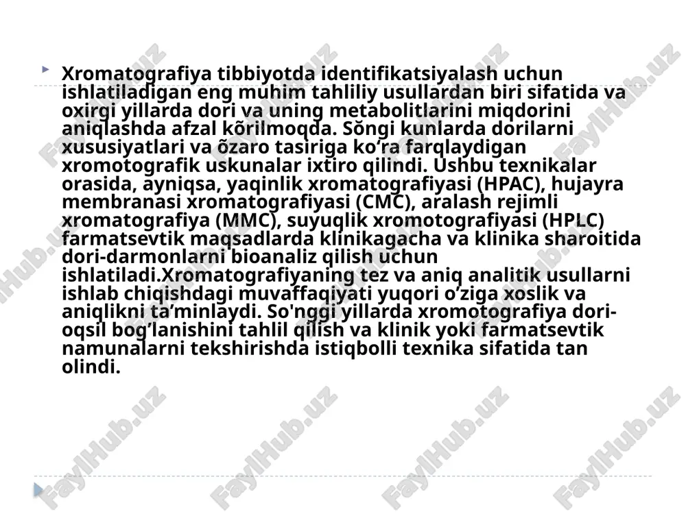 llari va muntazam bioanalitik laboratoriyalarda yuqori aniqlik tufayli gc odatda hplc ga qaraganda keng foydalaniladi. gc amaliyotlarining aksariyati suyuq plyonka bilan qoplangan ustun devori va ochiq quvurli kapillyar ustunlaridan foydalanadi. gc shuningdek, turli xil uchuvchi moddalarni maqsadli tahlil qilishda metabolomika va lipidomika uchun ishlatiladi. klinik tahlilda gc sil kasalligining biomarkerlarini , saraton, neyrodegenerativ kasalliklar va metabolik kasalliklar bilan bog'liq kasalliklarni aniqlaydi yuqori samarali yaqinlik xromotagrafiyasi tanadagi biokimyoviy va kimyoviy moddalar, antikorlarning antigen bilan bog’lanishi, gormonlarning ularning retseptorlari bilan o’zaro ta’siri va dori vositalarining biologik maqsadlari yoki tashuvchisi bilan bog’lanishi ko’plab klinik jarayonlarda muhim ahamiyatga ega. yuqori samarali yaqinlik xromotografiyasi dorilar va oqsillar oʻrtasidagi oʻzaro taʼsirlarni tadqiq qilish va tavsiflash uchun juda afzal texnikaga aylandi. odatda yuqori samarali dori skriningi, modifikatsiyalangan protein bo’yicha tadqiqotlar , dori-darmonlarning o’zaro ta’siri va boshqa sohalarda qoʻllaniladi.hpac ba’zi xususiyatlarga ega bo’lib, u bilan dori-oqsilni bog’lanishinini o’rganish qiziqarli boʻladi. chunki bu usul yaxshi sezuvchanlikka ega va nisbatan …