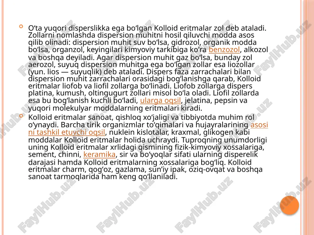 yonini tez-lashtirishdir. ishlatiladigan asbob elektrodializator deb atalib, u uch qismdan iborat bo’ladi. 1-qismiga anod elektrod o’rnatiladi, ikkita membrana parda (4) bilan ajratilgan 2-qismga tozalanadigan kolloid eritma quyiladi, 3-kismiga katod elektrodi o’rnatiladi. asbobning doimo oqar suv quyiladi. elektrtoki utkazilganda kolloid eritmadagi manfiy ionlar anodga, musbat ionlar esa katodga tomon harakatlanadi. buning natijasida ionlarning membrana pardasi orqali o’tishi tezlashadi va ular elektrod qismlarda to’planib, oqayotgan suv bilan yuvilib chiqib ketadi. bu usul sanoatda jelatina va yelim olishda keng qullaniladi. teshiklarning o’lchami kolloid zarracha o’lchamlaridan kichik bo’lgan filtrlardan foydalanib, kolloid eritmani elektrolitlardan tozalash mumkin. gemodializ (gemo... va dializ) — qonni zaharli moddalardan tozalash, qon muhiti va suv-minerallar almashinuvini muvozanatlash usuli. asosan oʻtkir va surunkali buyrak yetishmovchiligidya, kislotalar, ishqorlar va b. moddalardan zaharlanganda, organizmga mos qelmaydigan qon quyilgan hollarda qoʻllaniladi. g.da vena yoki arteriya qoni maxsus kapillyarli dializatordan oʻtkazilib, qon tarkibidan ortiqcha suv, siydikchil va b. keraksiz moddalar soʻrib olinadi. surunkali buyrak yetishmovchiligida organizmni …
