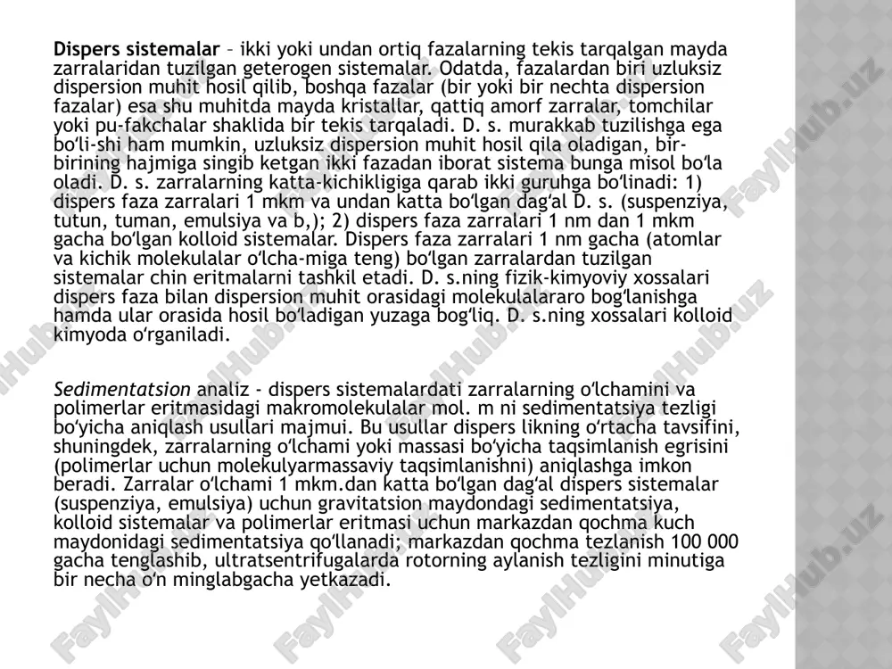 atib olinadi. agar sistema emulsiyadan iborat boʻlsa, bu holda dispers fazani dispersion muhitdan ajratish uchun sistema uzoq vaqt tindiriladi yoki sentrifugaga solib aylantiriladi. bu vaqtda bir-biri bilan aralashmaydigan ikkita suyuqlik qavati hosil boʻladi. ana shu usul bilan ikki suyuqlik bir-biridan ajratib olinadi. agar sistema suspenziyadan iborat boʻlsa, tindirilgan vaqtda ogʻir modda idish tagiga choʻkadi. dispersion muhit ichida dispers fazaning choʻkish protsessi sedimentatsiya deyiladi. sedimentatsiya hodisasini hamma suspenziyalarda ham kuzatish mumkin, lekin hamma suspenziyalarning sedimentatsiya tezligi har xil boʻladi. suspenziyalarning choʻkish tezligi dispersion muhitning zichligiga, qovushoqligiga va dispers faza zarrachalarining zichligiga hamda ularning radiusiga bogʻliq. agar t vaqt ichida zarrachaning bosgan yoʻli n boʻlsa, sedimentatsiya tezligi v = h/t boʻladi. sedimentatsiya tezligi bilan muhitning kovushoqligi va zichligi oʻrtasidagi bogʻlanish quyidagi formula bilan ifodalanadi: υ=2/9 * r2(d-d)g/ η bu yerda r – zarrracha radiusi, η – dispersion muhitning kovushoq- ligi, υ – choʻkish tezligi, d – zarrachaning solishtirma ogʻirligi, d – dispersion …