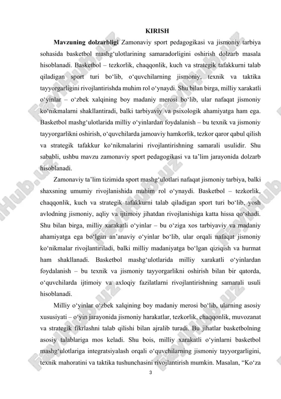 yosh avlodni jismoniy jihatdan sog‘lom rivojlantirish, ikkinchidan, texnik va taktika mahoratini oshirish, uchinchidan, milliy madaniyat va an’anaviy o‘yinlarga bo‘lgan qiziqishni uyg‘otish, va nihoyat, pedagogik jarayonni interaktiv va qiziqarli qilish. shu nuqtai nazardan, milliy o‘yinlarning basketbol mashg‘ulotlariga integratsiyalashuvi zamonaviy pedagogik yondashuvlar bilan uyg‘un keladi. milliy xarakatli o‘yinlarning basketbol mashg‘ulotlarida qo‘llanishi nafaqat texnik va jismoniy tayyorgarlikni oshiradi, balki o‘quvchilarda ijtimoiy fazilatlarni ham rivojlantiradi. masalan, o‘yin davomida jamoaviy hamkorlikni tashkil etish, strategik qarorlar qabul qilish, raqibning harakatlariga tezkor javob berish kabi ko‘nikmalar shakllanadi. shu bilan birga, milliy o‘yinlar orqali o‘quvchilarda o‘zaro hurmat, adolat, fidoyilik va intizom kabi axloqiy fazilatlar ham rivojlantiriladi. bu jihat basketbolning o‘ziga xos jamoaviy xarakteri bilan uzviy bog‘liq. kirish qismida shuni alohida ta’kidlash kerakki, milliy xarakatli o‘yinlardan foydalanish pedagogik nuqtai nazardan ham ahamiyatlidir. bu yondashuv nafaqat jismoniy mashqlarni qiziqarli va interaktiv qiladi, balki o‘quvchilarning motivatsiyasini oshiradi, mashq jarayonida faol ishtirok etishga undaydi va o‘z-o‘zini boshqarish qobiliyatini rivojlantiradi. shu bois, milliy …