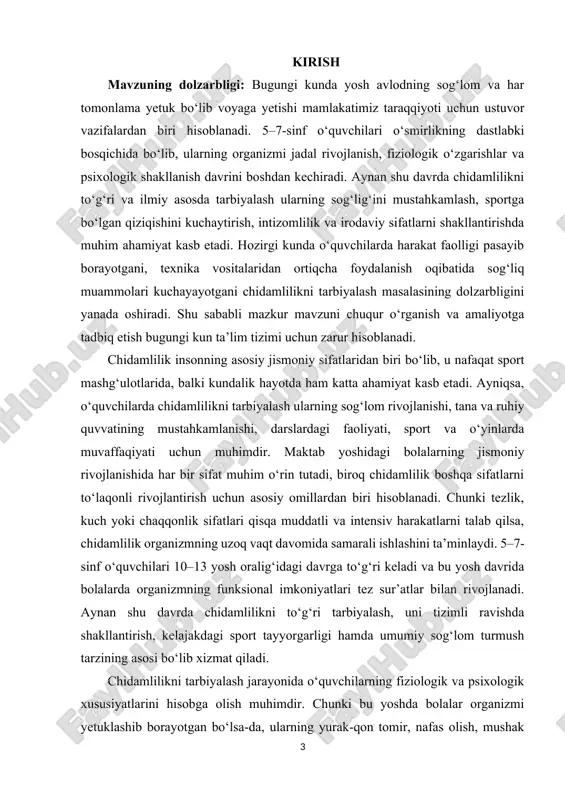 i. chunki yugurish oddiy, ammo samarali mashq bo‘lib, u organizmning barcha tizimlariga ta’sir qiladi, yurak urishini me’yorlashtiradi, nafas olishni yaxshilaydi, mushaklarni chiniqtiradi va umumiy chidamlilikni oshiradi. 5–7-sinf o‘quvchilari bilan mashg‘ulotlarda turli masofalarga yugurish, estafeta o‘yinlari, tabiat qo‘ynida o‘tkaziladigan kross yugurishlari, sport o‘yinlari chidamlilikni rivojlantirishda juda katta ahamiyatga ega. bundan tashqari, suzish, velosiped minish, chang‘ida uchish, gimnastika mashqlari ham chidamlilikni oshiradi va bolalarning organizmini chiniqtirishda muhim vosita bo‘lib xizmat qiladi. chidamlilikni tarbiyalash jarayoni nafaqat jismoniy rivojlanishga, balki tarbiyaviy va ijtimoiy jihatlarga ham ijobiy ta’sir ko‘rsatadi. mashg‘ulotlar jarayonida o‘quvchilar sabr-toqatli, intizomli, qat’iyatli bo‘lib boradi. ular o‘z oldilariga qo‘yilgan maqsad sari intilish, to‘sqinliklarni yengib o‘tish, mehnatsevarlik kabi sifatlarni egallashadi. bunday xislatlar keyinchalik ularning hayotida katta yordam beradi. masalan, murakkab topshiriqlarni bajarishda yoki ta’lim jarayonida chidamli, bardoshli bo‘lgan o‘quvchi ko‘pincha yuqori natijalarga erishadi. bugungi kunda jismoniy tarbiya va sport sohasi jamiyatimizda keng rivojlanayotgan bir paytda maktab o‘quvchilarida chidamlilikni tarbiyalash masalasi yanada dolzarbdir. chunki zamonaviy …