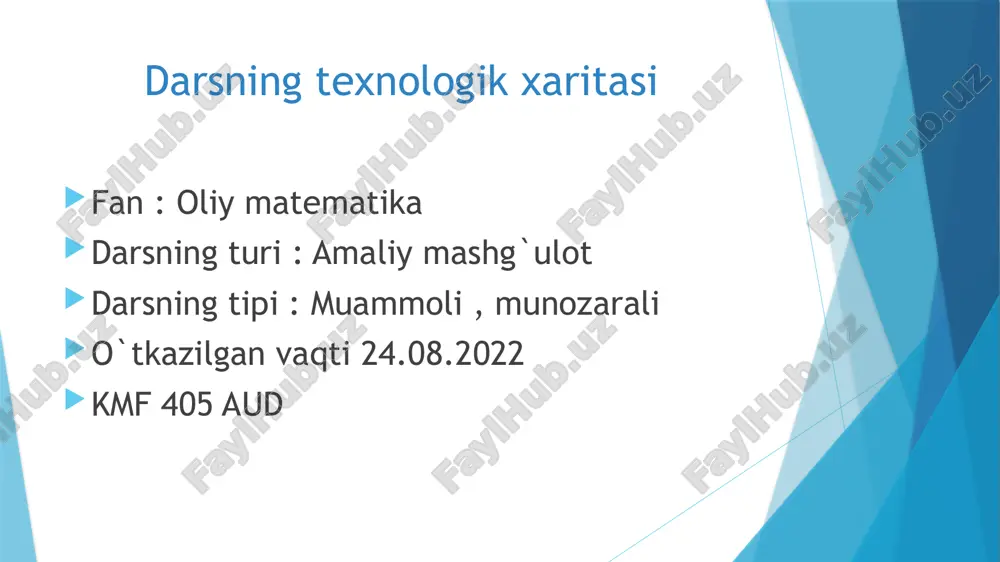 ienti k bo`lgan to`gri chiziq tenglamasi ta`rif : to`g`ri chiziqqa parallel har qanday vektor to`g`ri chiziqni yo`naltiruvchi vektori deyiladi ta`rif : to`g`ri chiziqqa perpendicular har qanday vector to`g`ri chiziqning normal vektori deyiladi 3 . berilgan nuqtadan o‘tib, berilgan vektorga parallel bo‘lgan to‘g‘ri chiziq 4. berilgan m1 ( x1; y1 ) nuqtadan o‘tib, berilgan vektorga perpendikulyar bo‘lgan to‘g‘ri chiziq tenglmasi: a (x- x1) + b (y - y1) = 0 ax + by + c = 0. to`g`ri chiziqning normal vektori bo`lsa yo`naltiruvchi vektori 5. to‘g‘ri chiziqning kesamalar bo‘yicha tenglamsi: , a –ox o‘qidan, b-oy o‘qidan kesgan kesmalari berilgan m1(x1; y1) va m2(x2; y2) nuqtalardan o‘tuvchi to‘g‘ri chiziq tenglamasi: bunda to‘g‘ri chiziq burchak koeffitsienti: misollar. оy o’qdan b=-3 kеsma ajratib , ох o’q bilan burchak tashkil qiluvchi to’g’ri chiziq yasalsin . shu to’g’ri chiziqning tеnglamasi yozilsin . a(-1;3) va b(4;-2) nuqtalardan o’tuvchi to’g’ri chiziq tеnglamasi yozilsin 1) to’g’ri chiziqlarning tеnglamalari o’qlardan …