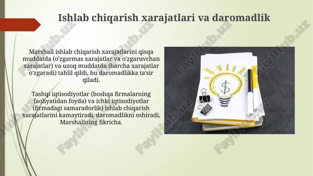 si talab va taklif kesishishini ta'kidlaydi; narx, miqdor muvozanati, bozor kuchlarining dinamik ta'sirini ko'rsatadi. kirish: alfred marshall va iqtisodiyotga qo'shgan hissasi u talab va taklif egri chiziqlarini aniq tahlil qildi, iste'molchilar ortiqchaligi (consumer surplus) tushunchasini kiritdi, bu iste'molchilar to'lashga tayyor bo'lgan narx va haqiqatda to'lagan narx o'rtasidagi farqni anglatadi. marshall qisman muvozanat tahlilini ishlab chiqdi, bu esa bitta bozorni izolyatsiya qilgan holda o'rganishga imkon beradi va boshqa bozorlarning ta'sirini "ceteris paribus" sharti bilan hisobga oladi. marshallning merosi va zamonaviy iqtisodiyotga ta'siri marshallning vaqt omili (qisqa va uzun muddat) bozor reaktsiyalarini tahlil qilishda muhim ahamiyatga ega bo'lib, bu tushuncha investitsiya qarorlarida 2 xil muddatli taxlil uchun ishlatiladi. uning talab va taklif egri chiziqlari tushunchasi, narxning qanday aniqlanishini tushuntiruvchi asosiy vosita bo'lib qolmoqda va bugungi kunda ham 2-kurs talabalariga o'rgatiladi. e'tiboringiz uchun rahmat @taqdimot_robot image2.jpg image3.jpg image4.jpg image5.jpg image6.jpg image7.jpg image8.jpg image9.jpg image10.jpg image11.jpg image12.jpg image13.jpg