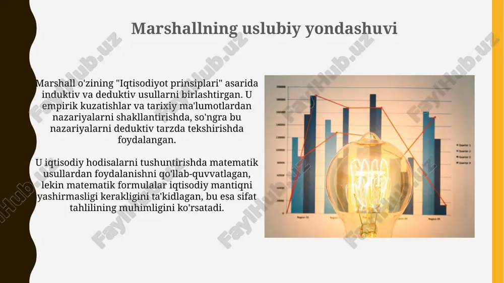 alab o'zgarishlari narxlarga sezilarli ta'sir ko'rsatadi; uzoq muddatda esa taklif moslashuvchan bo'ladi. marshall talab va taklifni qaychi bilan solishtiradi: ularning har biri narxni belgilashda birdek muhim, qaysi tomon ko'proq ta'sir qilishini vaqt omili belgilaydi. kirish marshallning “iqtisodiyot printsiplari” 1890-yilda nashr etilgan bo‘lib, unda klassik va neoklassik iqtisodiy fikrlarni birlashtirgan. bu kitob iqtisodiyot uchun muhim asar hisoblanadi. alfred marshall 1842-yilda londonda tug‘ilgan, u keyinchalik cambridge universitetida matematika bo‘yicha tahsil olgan. uning dastlabki qiziqishi falsafa va axloqiy muammolar bilan bog‘liq edi. alfred marshall kim edi? marshallning eng katta yutuqlaridan biri bu 'qisman muvozanat' usulini ishlab chiqish bo'lib, bu iqtisodiy muammoni bir bozorni alohida o'rganish orqali hal qilishga qaratilgan usuldir. marshall, 1890-yilda chop etilgan 'iqtisodiyot tamoyillari' asari bilan mashhur. unda talab va taklif, marginal foyda kabi muhim tushunchalar chuqur tahlil qilingan. qisqa muddatli va uzoq muddatli davrlar uzoq muddatda, barcha ishlab chiqarish omillari (kapital va mehnat kabi) o'zgaruvchan bo'ladi, firma o'z miqyosini va …