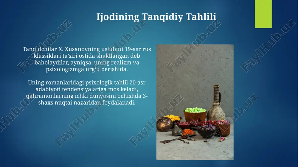 an ortiq yosh olimlar bor, ular uning metodologiyasini qo'llab, innovatsion loyihalar ustida ishlamoqdalar. uslubi va til xususiyatlari khusanovning uslubi, 20-asr oʻzbek adabiyotiga xos realizm bilan ajralib turadi, lekin uning asarlarida psixologik tahlil 3 shaxs orqali chuqur beriladi. uning asarlarida 7 ta murakkab metafora va 15 ga yaqin taqqoslashlar kuzatiladi, bu esa uning uslubiga badiiylik va obrazlilik baxsh etib, 50% gacha o'qish zavqini oshiradi. e'tiboringiz uchun rahmat @taqdimot_robot image7.jpg image8.jpg image9.jpg image10.jpg image11.jpg image12.jpg image13.jpg image14.jpg image15.jpg image16.jpg image17.jpg image18.jpg image1.png image2.png image3.png image4.png