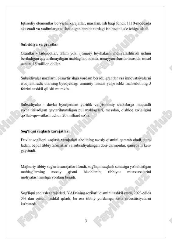 timoiy-iqtisodiy maqsadlariga muvofiq ravishda aniqlanadi. bu tasnif, hukumatning qaysi sohalarga ko'proq mablag' ajratayotganini ko'rsatib beradi, masalan, ta'limga 25 foiz yoki mudofaaga 15 foiz mablag' yo'naltirilishi mumkin. funktsional tasniflash ijtimoiy himoya, uy-joy kommunal xizmatlari va dam olish kabi 10 dan ortiq asosiy funktsional toifalarni o'z ichiga oladi va har bir toifada detalizatsiya mavjud. investitsiya xarajatlari investitsiya xarajatlari davlat kapitalini ko'paytirishga yo'naltirilgan, masalan yangi infratuzilma qurish yoki mavjud aktivlarni 10 yildan ko'proq modernizatsiya qilish. investitsiya xarajatlari iqtisodiy o'sishni rag'batlantiradi, chunki ular 5 yildan 10 yilgacha ko'p miqdorda mablag 'sarflash orqali ish o'rinlarini yaratadi va samaradorlikni oshiradi. ushbu xarajatlar turiga yer, bino, uskunalar, dasturiy ta'minot kabi 3 yildan ortiq muddatga mo'ljallangan asosiy vositalarga qilingan 2 milliard so'mdan ortiq xarajatlar kiradi. idoraviy tasnif idoraviy tasnif byudjet mablag‘lari oluvchilarning vazirliklar, idoralar va boshqa byudjet tashkilotlari bo‘yicha guruhlanishini aks ettiradi. ushbu tasnif respublika, mahalliy va boshqa byudjetlar kesimida har bir idoraning byudjet xarajatlari hajmini aniqlash imkonini …
