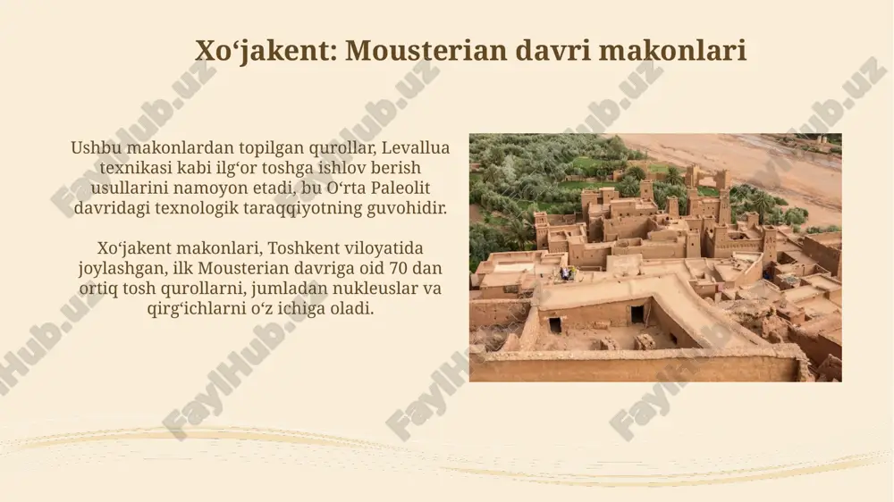 shini ko'rsatadi. mousterian davrida ovchilik va yigʻuvchilik mousterian davrida oʻzbekistonda yashovchi neandertallar, asosan, yirik oʻtxoʻr hayvonlar, jumladan, togʻ echkilari va saygʻoqlarga, kamida 7-8 xil hayvon turiga ov qilishgan. selungʻur gʻoridan topilgan arxeologik maʼlumotlarga koʻra, mousterian davri odamlari 20 dan ortiq oʻsimlik turlarini yigʻishgan, bu esa ularning ratsionida muhim ahamiyatga ega boʻlgan. mousterian davri tosh qurollari texnologiyasi mousterian davrida disk shaklidagi nukleuslar keng tarqalgan edi; undan bir necha yoʻnalishda zarbalar berib, bir nechta yirik qirgʻichlar olish imkoniyati mavjud boʻlgan. oʻzbekiston hududida topilgan mousterian davri qurollari orasida ikki tomonlama ishlangan oʻq uchlari va tigʻli asboblar uchraydi, bu esa ovchilikning ahamiyatini koʻrsatadi. mousterian davri arxeologiyasining tadqiqot usullari mousterian davr yodgorliklarida stratigrafik tahlil usuli, madaniy qatlamlarni aniqlashda muhim, qatlamlar ketma-ketligini va 14c radiokarbon usuli orqali 50,000-40,000 yil oldingi davrni belgilaydi. faunistik qoldiqlar tahlili, asosan g'or ayiqlari (ursus spelaeus) va tog' echkilarining (capra aegagrus) suyaklarini o'rganib, mousterian davri odamlarining ov qilish odatlarini aniqlashga imkon beradi. …