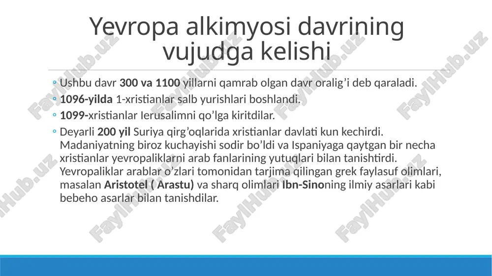 sifatini tekshirish zarurati alkimyogarlar ish usullari va jihozlarining mukammallashuvini talab etdi. 5. kimyo bo’yicha darsliklar, o’quv qo’llanmalar yana ham bilimli, tajribali kimyogarlarning ko’payishiga olib keldi. 6. meditsina va minarallar haqidagi rivojlanayotgan fanlar shunchalik daromadli va jalb qiluvchi bo’lib chiqdiki, oltin olish uchun cheksiz va ko’pincha omadsiz urunishlarga vaqt ketkazishga hojat qolmadi. xviii asrga kelib sekin-asta kimyo fan sifatida o’zini namoyon qila boshladi. 7. alkimyo jamiyat rivojining ob’ektiv talablariga javob berolmay qoldi natijada inqirozga yuz tutdi. foydalanilgan adabiyotlar internet manbalar google.com vikipediya arxiv.uz vkontakte funtofil life journal kulturologiya flibustf obrazovaka pikabu lipking mavzu yuzasidan savollar 1. alkimyo davri qaysi asrlarni o’z ichiga olgan? 2. nega avval yunon-misr alkimyosi, keyin arab alkimyosi oxirida yevropa alkimyosi davrlari o’rganiladi? 3. alkimyo davrining kimyo faniga qo’shgan hissasi qanday? 4. yunon-misr alkimyosi davri va mashhur namoyondalari haqida ayting. 5. arab alkimyosi davri va mashhur namoyandalarining ishlari. 6. nima uchun alkimyogarlar transmutatsiyaga ishondilar? 7. alkimyo davrining ijobiy …