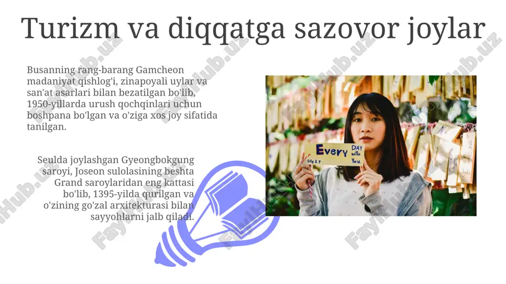 lsa, qish oylari (dekabr-fevral) sovuq va quruq, harorat -6 °c gacha tushishi mumkin. koreys tili va alifbosi hangul alifbosining harflari bo'g'in bloklarida joylashgan. bu vizual jihatdan alifboni o'rganishni osonlashtiradi va koreys tilining tuzilishini aks ettiradi. koreys tilida ikkita son sanash tizimi mavjud: mahalliy koreyscha tizim (hana, dul, set) va xitoycha-koreyscha tizim (il, i, sam). ular turli xil vaziyatlarda qo'llaniladi. janubiy koreya: umumiy ma'lumot 01 02 koreya urushi 1950-yilda boshlanib, 1953-yilda sulh bilan yakunlandi, bu janubiy koreya va shimoliy koreya o'rtasida bo'linishga olib keldi. sales 1st qtr 2nd qtr 100 0 sales 1st qtr 2nd qtr 100 0 musiqa va raqs ganggangsullae — bu koreyaning chuseok bayramida ijro etiladigan xalq raqsi bo'lib, unda ayollar qo'l ushlashib, doira shaklida harakatlanadilar va 8-asrga borib taqaladi. salpuri — koreyaning shamanistik marosimlaridan kelib chiqqan yakkaxon raqs bo'lib, uning maqsadi yovuz ruhlarni quvish va 1930-yillardan beri saqlanib kelmoqda. texnologiya va innovatsiyalar koreya robototexnika sohasida katta yutuqlarga …