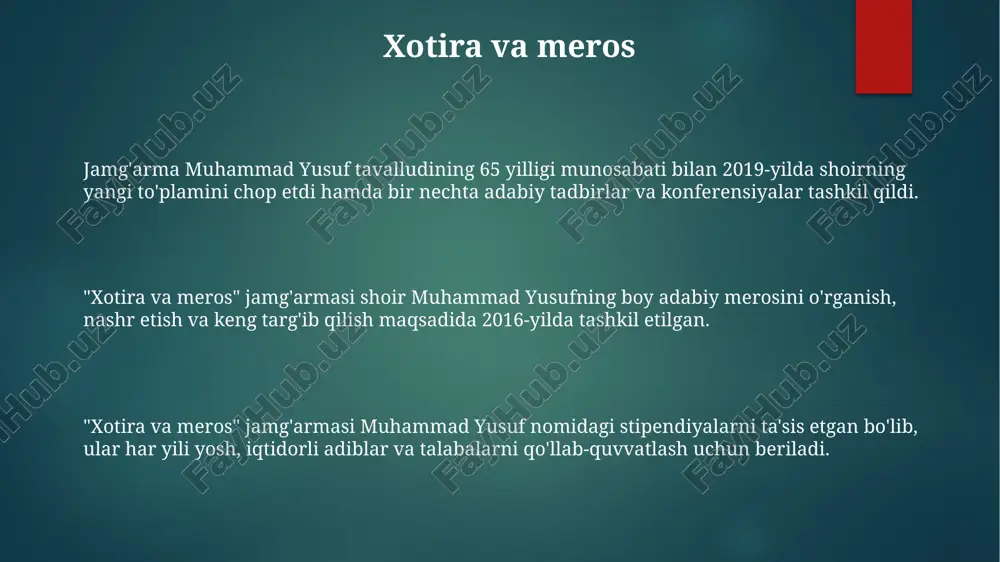 'sir ko'rsatgan, ayniqsa lirik she'rlarida. muhammad yusuf 1954-yil 26-aprelda farg'ona viloyatining marhamat tumanida ziyolilar oilasida tug'ilgan, uning otasi yusuf aka oddiy o'qituvchi bo'lgan. oilada 5 nafar farzand bo'lib, muhammad yusuf ularning to'ng'ichi edi. oilaning moddiy ahvoli unchalik yaxshi bo'lmagan, ammo ma'naviy boylik muhim ahamiyatga ega edi. ijodiy faoliyatining boshlanishi yusufning ijodiy faoliyatining ilk bosqichida, 1976-yilda 'o'zbekiston adabiyoti va san'ati' gazetasida uning birinchi she'ri 'hayotga muhabbat' chop etildi. 1980-yillarning boshlarida, yusufning she'rlari 'yoshlik' jurnalida muntazam ravishda nashr etilib, uning ijodiy ovozi keng auditoriyaga tanildi. muhammad yusufning 25 yoshida, 1979-yilda 'tanish yaproqlar' nomli ilk she'riy to'plami nashr etilishi uning adabiy karerasini boshlab berdi. e'tiboringiz uchun rahmat @taqdimot_robot image1.png image2.png image3.png image4.png image5.png