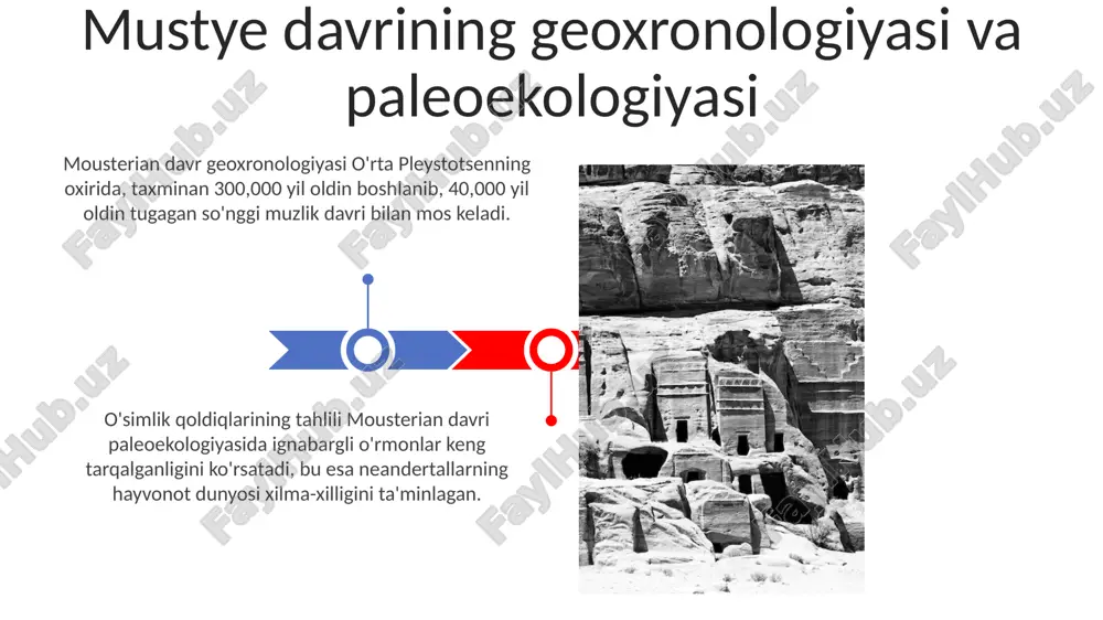 ma'lumot beradi, masalan, 10 xildagi mamontlar va g'or ayiqlari mavjud bo'lgan. ushbu madaniyat vakillari, neandertallar, ovchilik va terimchilik bilan shug'ullangan, ular 60 dan ortiq tosh qurol turlarini yasashni bilgan. ramziy xatti-harakatlarning potentsial belgilari mousterian davrida pigmentlardan foydalanish (masalan, oxra) simvolik xatti-harakatlarning potentsial belgisi bo'lib, 60000 yil avvalgi joylarda topilgan. marhumning qabrga qo'yilishi, ba'zida hayvon suyaklari yoki asboblar bilan, simvolizm va keyingi hayotga ishonishning ilk namoyonishi hisoblanishi mumkin. gʻor makonlari: la chapelle-aux-saints va boshqalar la chapelle-aux-saintsdan topilgan neandertal skeleti, qariyalik va kasalliklar bilan bogʻliq alomatlarga ega boʻlib, ularning ijtimoiy gʻamxoʻrligi haqida muhim maʼlumotlar beradi. la chapelle-aux-saints gʻori 1908-yilda kashf etilgan boʻlib, klassik neandertal qoldiqlarining, jumladan, 40 yoshlardagi erkak skeletining topilishi bilan mashhur. oʻliklarni dafn etish amaliyoti ba'zi mousterian dafnlarida, odam skeletlari o'ziga xos pozitsiyalarda joylashtirilgan, masalan, egilgan holda, bu keyingi hayotga ishonishning ramzi bo'lishi mumkin 75 000 yil avval. ko'pincha qazishmalar davomida bolalar va chaqaloqlarning dafn etilgan joylari topilgan, ular ehtiyotkorlik …