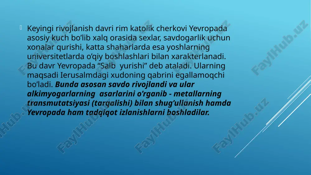 di. organizmda bo’ladigan o’zgarishlarda kimyoviy moddalarning roli muhimdir deb hisoblana boshlandi. «kimyo tibbiyot bilan bog’lanib kelishgan hodda olga yurishi kerak» degan edi paratsels. barcha yatrokimyogarlar «tibbiyot bilan kimyoning ittifoqi ikkala fanni ham «porloq kelajakka olib chiqadi» deb hisoblar edilar. o’latning tarqalishi yatrokimyo kimyoning rivojlanishiga sabab bo’ldi. yatrokimyogarlar yonish bilan nafas olish o’xshash hodisa, moddalar ta’sir kuchlari vositasida birlashadi, hosil bo’ladi dedilar. bu fikr kimyoviy bog’ va uning hosil bo’lishi tushunchasini keltirib chiqardi. yatrokimyogarlar faoliyati tufayli farmatsevtik kimyo yaratildi. temir renkturasi, laundanum (olma asosida olinadi), kolxikum (kolxisin tutgan o’simliklardan olinadi), efir, sulfat kislota, glauber tuzi (na2so4 10n2o) titroqqa qarshi kaliy xloridni qo’llash taklif qilindi. senet tuzi (na2s4n4o6) (ela senet nomiga qo’yilgan). mis atsetatini quruq haydash yo’li bilan o’tkir sirka kislota olindi. xvi - xvii asrlarda texnik kimyoning ilk rivojlanishi boshlandi. gollandiyaliklar 1670 yilda barabanli maydalagich ixtiro qildilar. gollander yoki roll-mashina deb atalgan bu mashina tolalardan tashkil topgan materiallarni rezervuar ichiga o’rnatilgan …