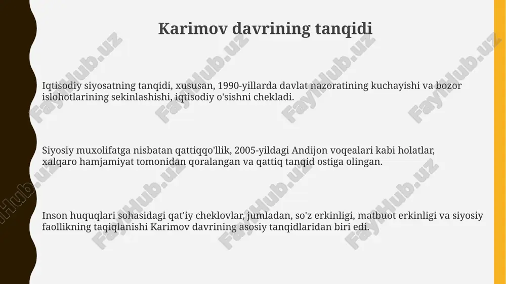 zimda karimov 1991-yilda sovet ittifoqi parchalanishi arafasida oʻzbekistonning mustaqillikka erishishidagi siyosiy jarayonlarni boshqarishda muhim rol oʻynadi. siyosiy faoliyatining boshlanishi 1986-yilda karimov qashqadaryo viloyati partiya komitetining birinchi kotibi lavozimiga ko'tarildi, bu unga muhim hududni boshqarish va siyosiy ta'sirini kengaytirish imkoniyatini berdi. 1989-yilda islom karimov o'zbekiston kompartiyasi markaziy komitetining birinchi kotibi etib saylandi, bu respublikada eng yuqori siyosiy lavozim bo'lib, hokimiyat tepasiga olib chiqdi. islom karimov 1983-yilda o'zbekiston ssr ministrlar soveti raisining o'rinbosari etib tayinlandi, bu uning siyosiy karyerasida sezilarli o'sish va iqtisodiy sohada mas'uliyat yukladi. islom abdugʻaniyevich karimovning tarjimai holi 1990-yil 24-martda oʻzbekiston ssr oliy kengashi tomonidan oʻzbekiston ssr prezidenti etib saylangan. bu lavozimda u 2016-yil 2-sentabrgacha, vafotigacha ishlagan. 1964-yilda oʻrta osiyo politexnika institutini muhandis-mexanik mutaxassisligi boʻyicha tamomlagan. keyin 1967-yilda toshkent xalq xoʻjaligi institutini iqtisodchi mutaxassisligi boʻyicha yakunlagan. islom karimov 1938-yil 30-yanvarda samarqand shahrida tugʻilgan. uning kelib chiqishi haqida turli xil maʼlumotlar mavjud, baʼzilar uni oʻzbek, boshqalar esa tojik deb hisoblashadi. …