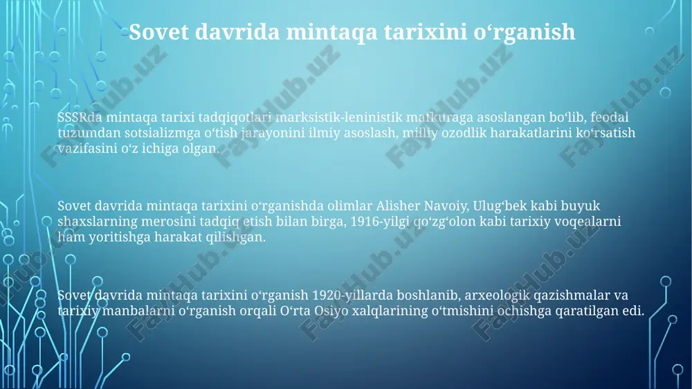qildi. urushdan keyingi davr: yangi yoʻnalishlar etnografiya sohasida kolxoz hayoti, oilaviy marosimlar, yangi turmush tarzi va oʻzbek xalqining anʼanaviy madaniyati 1960-1980 yillarda chuqur tadqiq qilindi. urushdan keyingi davrda arxeologik qazishmalar kengayib, qadimgi xorazm va soʻgʻd yodgorliklari intensiv oʻrganildi, 1940-1950 yillarda koʻplab yangi artefaktlar topildi. tarixshunoslikda ikkinchi jahon urushi davri voqealari, oʻzbekistonning frontga yordami va urushning respublika iqtisodiyotiga taʼsiri 1970-yillarda dolzarb mavzuga aylandi. ilk tadqiqotlar: imperiya davri 19-asrda rus olimlari, masalan, v.v.bartold mintaqa tarixini o'rganishga katta hissa qo'shib, arxeologik qazishmalar va manbalarni tahlil qilishni yo'lga qo'ygan. imperiya davrida mintaqa tarixini o'rganishda 17-18-asrlarda rossiya davlatining siyosiy va iqtisodiy manfaatlari asosiy omil bo'lgan. 18-asrda piter i ning topshirig'i bilan sibir va o'rta osiyo xaritalari tuzilib, mintaqa haqida dastlabki geografik va etnografik ma'lumotlar to'plangan. marksistik tarixshunoslikning ta'siri 1950-yillargacha marksistik metodologiya sovet tarixshunosligining asosiy tamoyili bo'lib qoldi. materialistik yondashuv ishlab chiqarish usullari va sinflar o'rtasidagi munosabatlarni tahlil qilishni taqazo etdi. tarixiy jarayonlar 5 ta ijtimoiy-iqtisodiy …