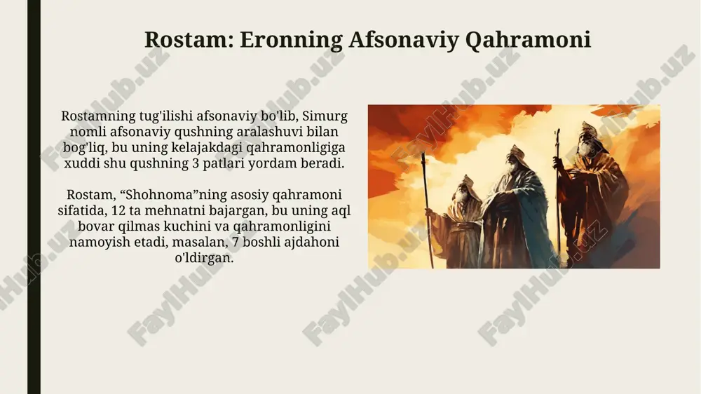 , to'maris, shiroq kabi obrazlarning umumiy jihatlari va farqlari tahlil qilinib, ularning afsonalardagi tutgan o'rni aniqlanadi. qadimgi afsonalar dunyosiga sayohat qilishdan maqsad, mifologik qahramonlarning o'ziga xos xususiyatlari va ularning tarixiy ahamiyatini ochib berishdan iborat. shirak: qahramon dehqonning hiylasi uning strategiyasi dushmanni aldash uchun o'zini jarohatlangan qilib ko'rsatishni o'z ichiga oladi, bu esa ishonchni qozonishga va ularni xavfli hududga olib kirishga imkon beradi. shirikning qahramonligi uning qishlog'ini himoya qilish uchun o'z hayotini xavf ostiga qo'yishidan dalolat beradi, bunda u 100dan ortiq askarni yo'q qilishga erishadi. siyovushning fojiasi va qasosi siyovushning qasosi uning o'g'li kayxusrav tomonidan olingan, bu qasosda 99 nafar turon askari qatl etilgan va bu qasos eposning 53-bobida aks etgan. siyovushning fojiasi uning pokligi va begunohligining ramzi bo'lib, u 33 yoshida o'z yurtiga xiyonat qilishdan ko'ra o'limni afzal ko'rgan edi. miflar va tarix: umumiy jihatlar va farqlar miflar ko'pincha 5 nafar ilohiy aralashuvlar va afsonaviy qahramonlarni o'z ichiga oladi, tarix …