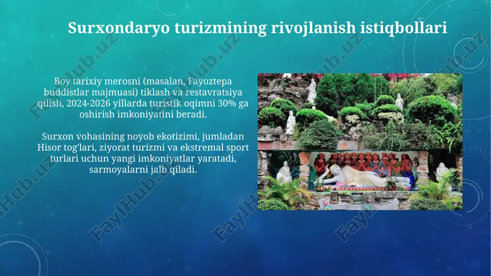 adi. islom me'morchiligi surxondaryodagi islom me'morchiligi x-xii asrlarga oid termiziy maqbarasi kabi dastlabki namunalarni o'z ichiga oladi, unda pishiq g'isht va geometrik naqshlar keng qo'llanilgan. al-hakim at-termiziy majmuasi xi asrda qurilgan bo'lib, unda masjid, maqbara va xonaqohlar mujassam, bu esa diniy me'morchilikning integral yechimini namoyon etadi. buddizm yodgorliklari dalvarzin tepa buddizm yodgorligi ii-vi asrlarga oid boʻlib, unda 200 dan ortiq xonalari boʻlgan katta ibodatxona majmuasi va buddizm haykallari topilgan. qoratepa buddizm majmuasi miloddan avvalgi i-ii asrlardan milodiy iv asrgacha boʻlgan davrga tegishli boʻlib, kushon podsholigi davrida muhim diniy markaz boʻlgan. surxondaryo madaniy turizmi: kirish surxondaryo 2500 yillik tarixga ega, u buddaviylikning muhim markazi bo'lgan, fayoztepa va dalvarzin-tepa kabi arxeologik joylar bunga dalildir. surxondaryoda 700 dan ortiq tarixiy va madaniy yodgorliklar mavjud bo'lib, ularning 200 dan ortig'i davlat muhofazasiga olingan. milliy oshxona 'halim' surxondaryoda nonushta uchun sevimli taom hisoblanadi, u bug'doy va go'shtdan tayyorlanadi va 5-6 soat davomida pishiriladi. surxondaryo milliy …