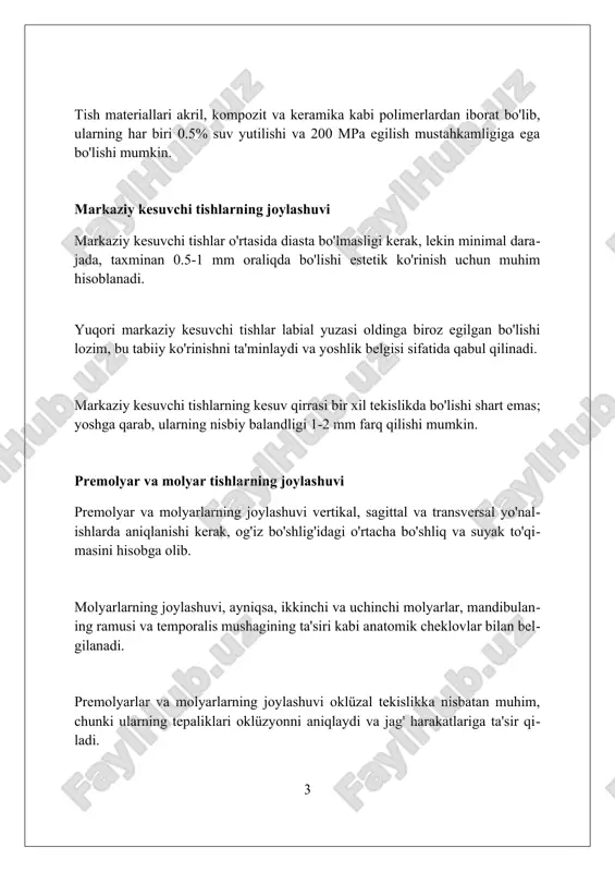 nlashda vita shkalasi a1 dan d4 gacha bo'lgan ranglarni o'z ichiga oladi, bunda yuz terisi rangi va bemorning yoshini hisobga olish muhim ahamiyatga ega. tish protezining yakuniy ko'rinishi va okklyuziya okklyuziya muvozanati, masalan, 'group function' tipida, harakatlanuvchi tomonning kamida 2-3 ta tishida kontaktni ta'minlashi, barqarorlikni saqlaydi. yakuniy ko'rinishda tishlarning joylashuvi 0-15 gradusgacha bo'lgan gorizontal okklyuzion egri chiziqni ta'minlashi kerak, bu chaynash samaradorligini oshiradi. tish protezining labial va buccal yuzalaridagi tekstura va yorug'likning qaytarilishi 1-3 mikron darajada bo'lishi tabiiy tish ko'rinishiga yaqinroq bo'lishi zarur. kirish kirish, sun'iy tishlarning anatomik shaklini tanlashda asosiy rol o'ynaydi, tabiiy tishlarning shaklini va o'lchamlarini hisobga olgan holda, optimal estetik natijaga erishish uchun. kirish, tish protezlarida tishlarni tanlash va joylashtirishda yosh omilining ahamiyatini belgilaydi, bu bemorning yuz tuzilishiga mos protez yaratishga yordam beradi. kirish, yoshga bog'liq tish aşınmasını va pozitsiyasini emulyatsiya qiladi, bu protezning tabiiy ko'rinishini ta'minlaydi va bemorning yoshiga mos keladigan tish qatorini yaratadi. yoshga bog'liq …