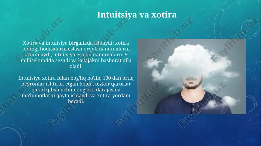 izim tezkor, ongsiz assotsiatsiyalarni, 2-tizim esa sekin, ongli tahlilni amalga oshiradi. tadqiqotlar shuni ko'rsatadiki, intuitsiya, ayniqsa murakkab vaziyatlarda, ongda mavjud bo'lmagan ma'lumotlarni ishlatishi mumkin, natijada 70-80% holatlarda to'g'ri qarorlar qabul qilinadi. intuitsiya va ijodkorlik ijodkorlikka oid tadqiqotlar shuni ko'rsatadiki, intuitiv xulosalar 6 raqamli fikrlashdan ko'ra, muammolarni hal qilishda tezroq va samaraliroq bo'lishi mumkin. intuisiya va ijodkorlik o'rtasidagi bog'liqlik 3 ta asosiy bosqichda namoyon bo'ladi: tayyorgarlik, inkubatsiya va 4-bosqich yoritilish, ya'ni intuitiv tushuncha. e'tiboringiz uchun rahmat @taqdimot_robot image2.png image5.jpg image6.jpg image7.jpg image8.jpg image9.jpg image10.jpg image11.jpg image12.jpg image13.jpg image14.jpg image15.jpg image16.jpg