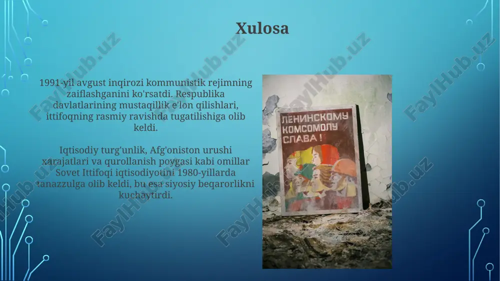 g iqtisodiga og'ir yuk bo'ldi, chunki u yiliga 8 milliard aqsh dollari atrofida sarf-xarajatlarni talab qilardi va bu mamlakatning resurslarini kamaytirdi. sovet ittifoqi 1979-yilda afg'onistonga kirdi, bu esa mujohidlarga qarshi o'n yillik urushga olib keldi va bu urush taxminan 15 000 sovet askarining hayotiga zomin bo'ldi. oqibatlar va meros sotsialistik iqtisodiyotdan bozor iqtisodiyotiga o'tish davri ko'plab postsovet davlatlarida 1990-yillarda keskin iqtisodiy inqiroz va qashshoqlikning ortishiga sabab bo'ldi. sovet ittifoqining tugashi aqshning yagona super davlat sifatida global ta'sirini kuchaytirdi, bu esa xalqaro munosabatlarda bir qutbli dunyo tartibotining shakllanishiga olib keldi. natijalar iqtisodiy aloqalarning uzilishi va respublikalar o'rtasidagi savdo aloqalarining yo'qolishi 1990-yillarda 30% dan ortiq pasayish bilan ifodalangan og'ir iqtisodiy inqirozga olib keldi. rossiya federatsiyasi sovet ittifoqining vorisi sifatida tan olinib, yadro arsenalining katta qismini meros qilib oldi, bu global xavfsizlik arxitekturasiga katta ta'sir ko'rsatdi. gorbachyovning islohotlari: perestroyka va glasnost glasnost, 1986-yilda e'lon qilingan, so'z erkinligi va axborot oshkoraligini oshirishga qaratilgan siyosat …