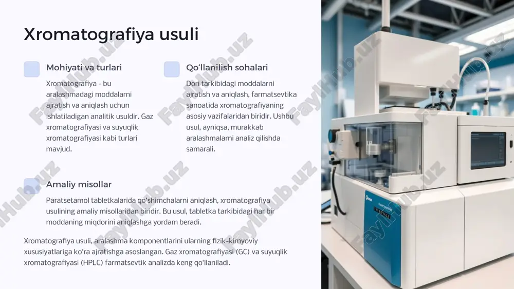 k muddatini tekshirish xususiy moddani tekshirishning amaliy misollaridan biridir. yaroqlilik muddati, dori vositasining samaradorligi saqlanib qoladigan vaqtni belgilaydi. xususiy modda, dori vositasining terapevtik ta'sirini ko'rsatuvchi asosiy komponentidir. identifikatsiya usullari, dori vositasining kimyoviy reaksiyalari va fizik-kimyoviy xususiyatlarini aniqlash orqali, uning haqiqiyligini tasdiqlaydi. 6 sifat nazoratining ahamiyati o‘rni farmatsevtika ishlab chiqarishida sifat nazoratining o‘rni juda muhim. bu dori vositalarining xavfsizligi va samaradorligini ta’minlashning asosiy vositasidir. 1 standartlarga rioya qilish standartlar va qoidalarga rioya qilish dori vositalarining sifatini ta’minlash uchun zarurdir. farmatsevtika kompaniyalari gmp (good manufacturing practice) kabi standartlarga rioya qilishlari kerak. 2 natijalarning talqini sifat nazorati natijalari, dori vositasining sifati haqida ma’lumot beradi. natijalarning to‘g‘ri talqini, muammolarni aniqlash va bartaraf etishga yordam beradi. 3 sifat nazorati, farmatsevtika ishlab chiqarishining ajralmas qismi bo'lib, dori vositalarining xavfsizligi va samaradorligini ta'minlashga qaratilgan. standartlar va qoidalarga rioya qilish, gmp (yaxshi ishlab chiqarish amaliyoti) kabi, dori vositalarining sifatini kafolatlaydi. 7 xulosa va tavsiyalar dori vositalaridagi qo‘shimchalarni aniqlash …