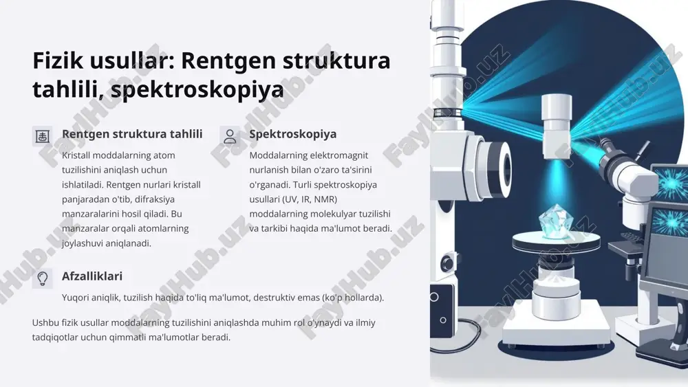 idlash qobiliyatiga ega. reduktor xossalar kuchli oksidlovchilar bilan reaksiyaga kirishganda vodorod peroksidi reduktor sifatida ham ishtirok etishi mumkin. dekompozitsiya vodorod peroksidi katalizatorlar ishtirokida suv va kislorodga parchalanadi. vodorod peroksidining oksidlovchi va reduktor xossalari uning turli sohalarda qo'llanilishiga imkon beradi. u dezinfektsiyalovchi, oqartiruvchi va raketa yoqilg'isi sifatida ishlatiladi. 8 amaliy ahamiyati: sanoat va tibbiyotdagi qo'llanilishi sanoat to'qimachilik sanoatida oqartirish, kimyo sanoatida sintez, metallurgiyada tozalash. tibbiyot antiseptik, dezinfektsiyalovchi, yaralarni tozalash, tishlarni oqartirish. gidroksidlar va vodorod peroksidi sanoat va tibbiyotda keng qo'llaniladi. ularning noyob xossalari turli sohalarda muhim rol o'ynaydi. 9 xulosa va takliflar xulosa moddalarning tuzilishini tekshirishning fizik-kimyoviy usullari, gidridlar va vodorod peroksidining olinishi va xossalari muhim ilmiy va amaliy ahamiyatga ega. takliflar ushbu sohada yangi tadqiqotlar olib borish, yangi usullar va texnologiyalarni ishlab chiqish, sanoatda va tibbiyotda qo'llanilish sohalarini kengaytirish. umid qilamizki, ushbu taqdimot sizga moddalarning tuzilishi va xossalarini o'rganishda yordam berdi. kelgusida bu sohada yangi yutuqlarga erishishingizga tilakdoshmiz. 10 image1.png …
